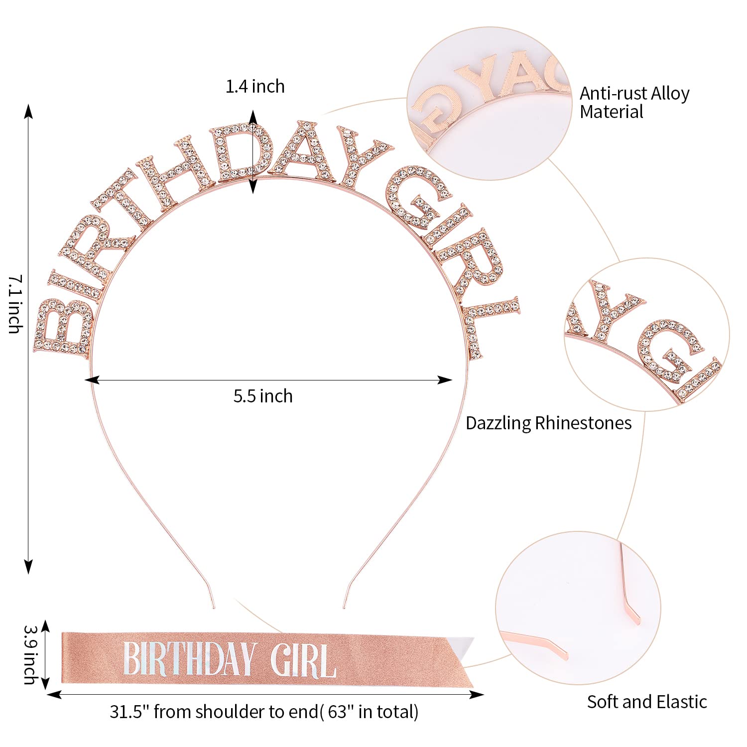 Chanaco Birthday Girl Headband, Sash & Tiara Set - Rose Gold Birthday Crown for Women - Perfect for Birthday Parties, Bachelorette, Girls' Night Out & Special Celebrations