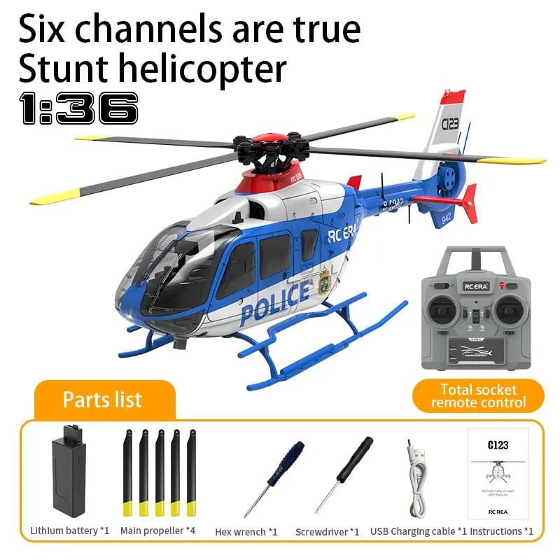 **RC Helicopter - RC ERA C123 EC135 1:36 Scale 6CH 6-Axis Gyro with Altitude Hold & Optical Flow Positioning - Indoor/Outdoor Drone for Beginners & Hobbyists**    **使用场景:** Perfect for backyard flying, indoor practice, and hobbyist aerial photography. Great gift for kids and RC enthusiasts.