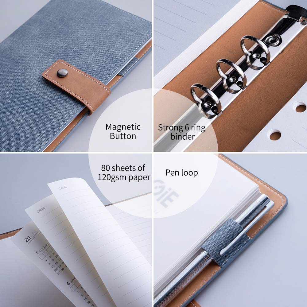 Refillable Faux Leather Traveler Notebook - 6 Ring Binder Organizer with Lined/Grid/Blank Paper & Calendar | Perfect for Journaling, Planning & Travel | A5 Size for Women & Men (CAGIE)
