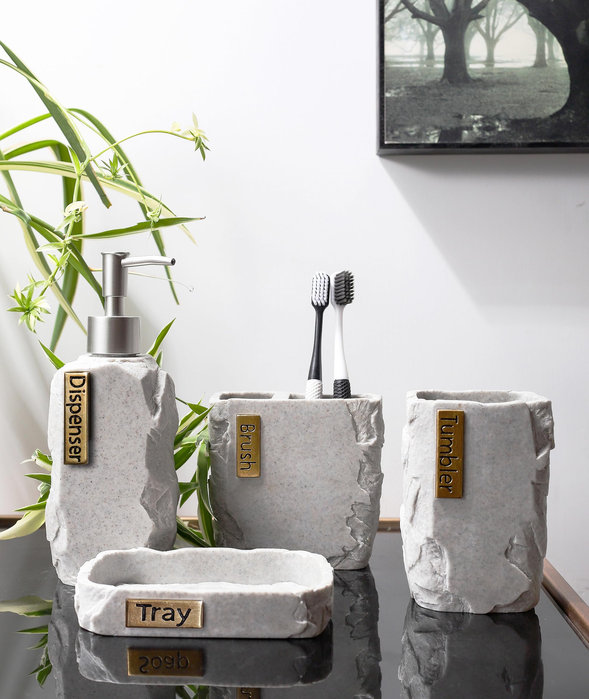 Hymmah Marble Bathroom Accessories Set - 4 Piece Farmhouse Decor with Toothbrush Holder, Soap Dispenser, Soap Dish & Tumbler | Modern Apartment Essentials for Bathroom Organization & Stylish Home Decor