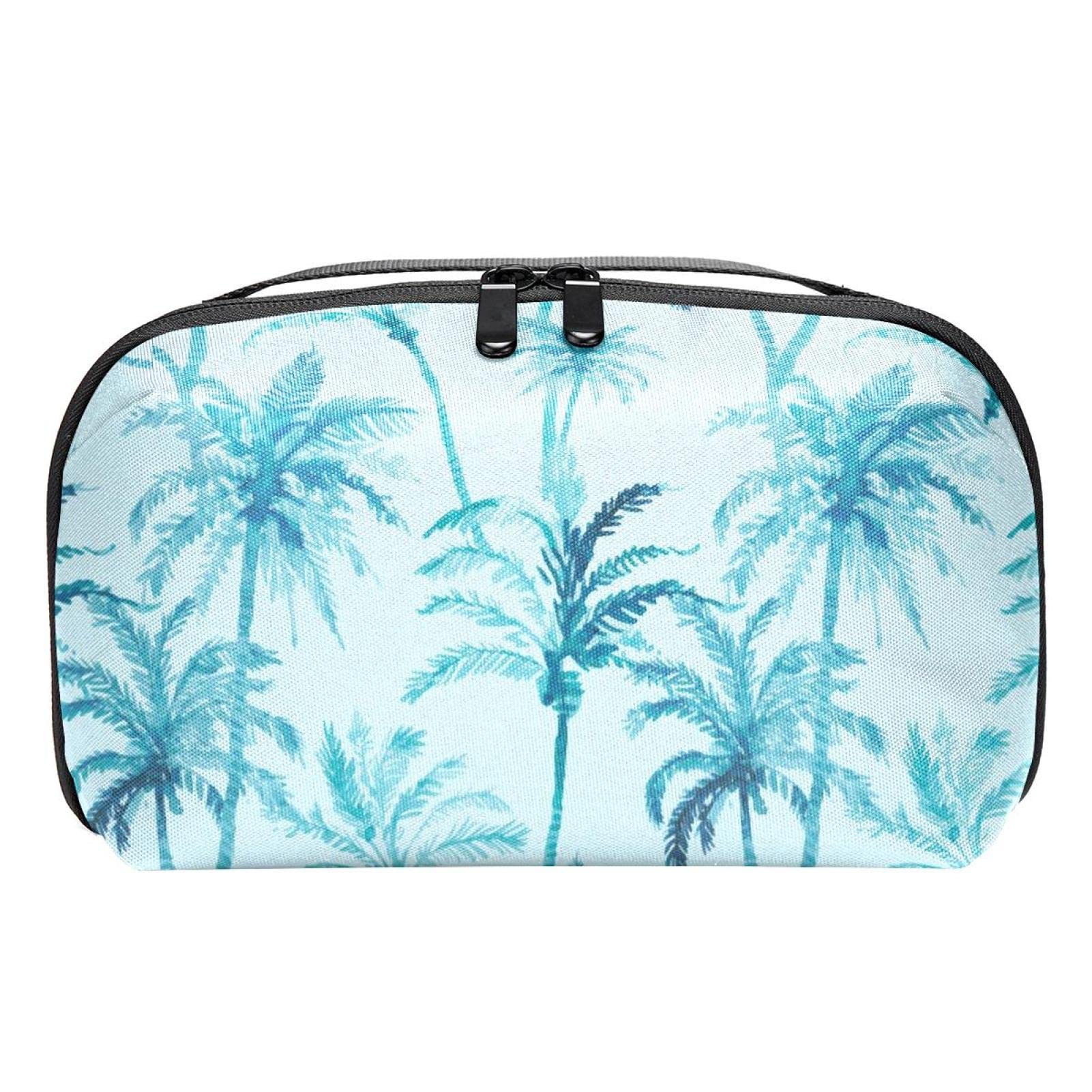 Large Waterproof Makeup Bag with Zipper - Travel Cosmetic Organizer for Women & Girls, Blue Coconut Tree Tropical Design - Perfect for Summer Travel, Beach Trips & Daily Beauty Storage