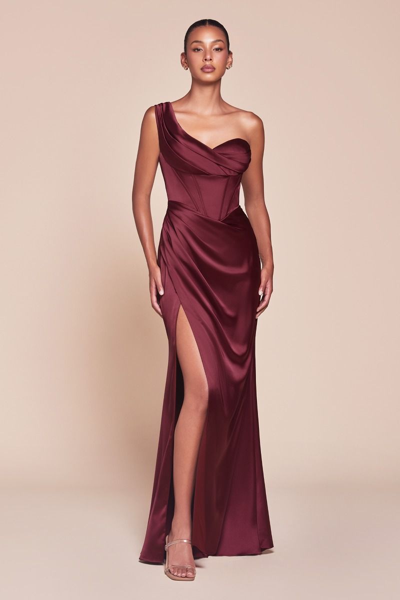 Audra Burgundy One Shoulder Luxe Satin Corset Gown - Elegant Evening Dress for Prom, Wedding & Special Occasions