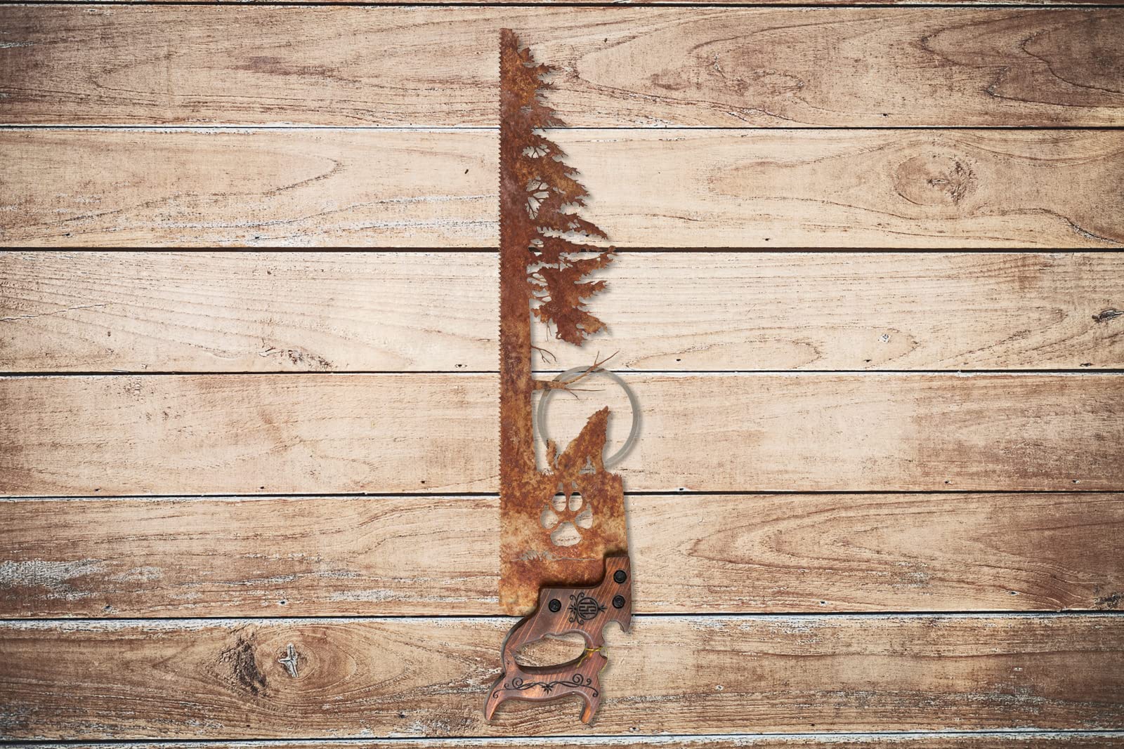 Custom Wolf Howling at the Moon Wall Art with Paw Print & Hand Saw Design - Unique Home Decor Gift for Wolf Lovers | Perfect for Living Room, Bedroom or Cabin Decor
