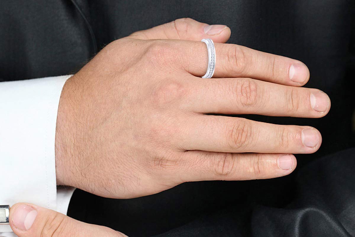 14K Gold Plated 925 Sterling Silver Men's Eternity Wedding Band Ring with Sparkling Round Cut White Cubic Zirconia - Perfect for Anniversary, Engagement & Special Occasion Gifts