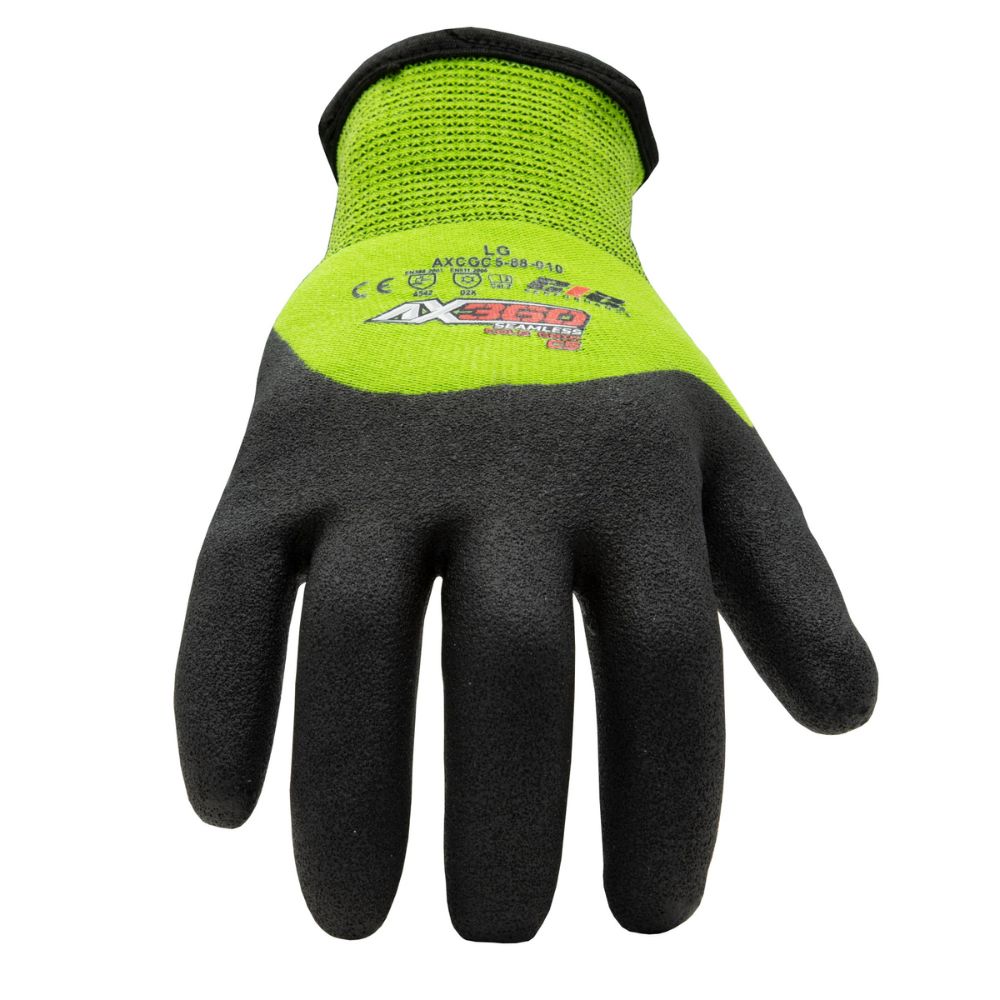 212 Performance AXCGC5 88 009 AX360 Seamless Cut Resistant Nitrile Dipped Gloves - EN Level 5 Protection, Medium Green/Black - Cold Weather & Hi-Vis Safety Gloves for Construction, Warehouse, and Outdoor Work