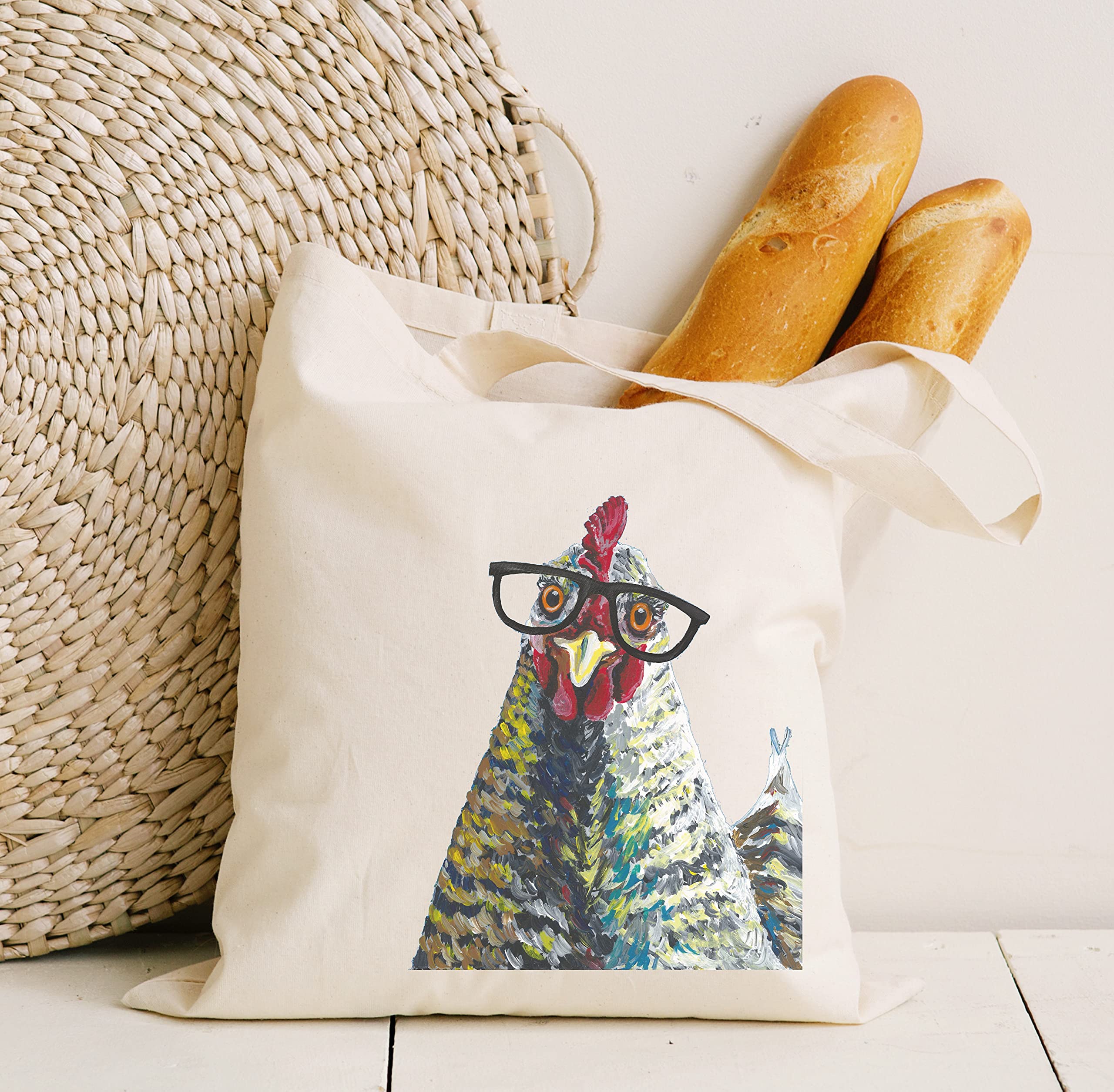Chicken Tote Bag - Funny Chicken with Glasses Design - Handmade Canvas Reusable Shopping Bag - Perfect Gift for Chicken Lovers & Mom - Durable Grocery & Beach Tote - Great for Shopping, Farmers Market, Picnics & Beach Outings