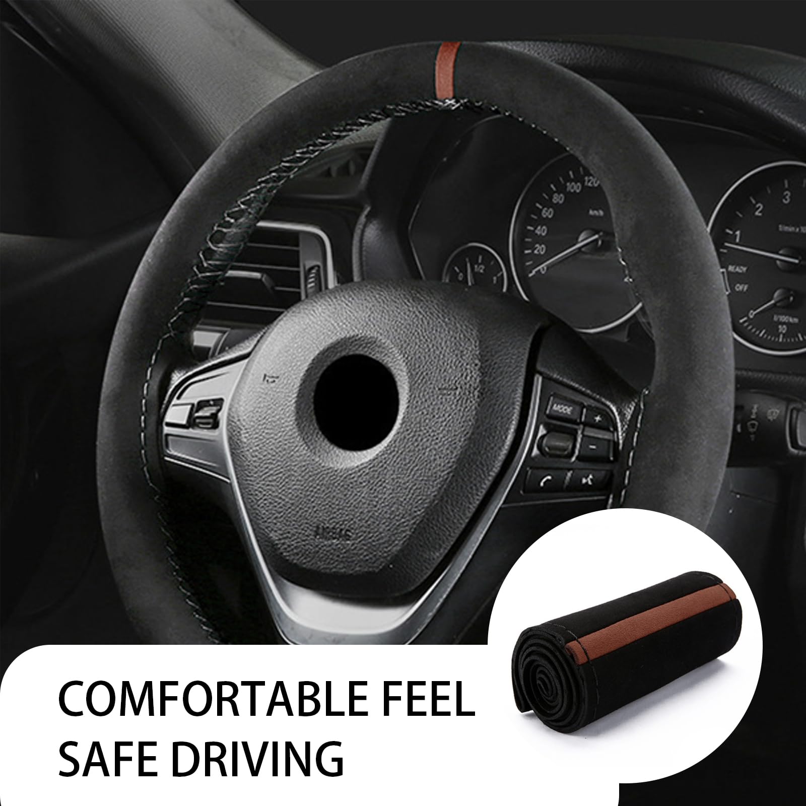Gunhunt 1 PC Premium Suede Nubuck Leather Steering Wheel Cover - 14.9