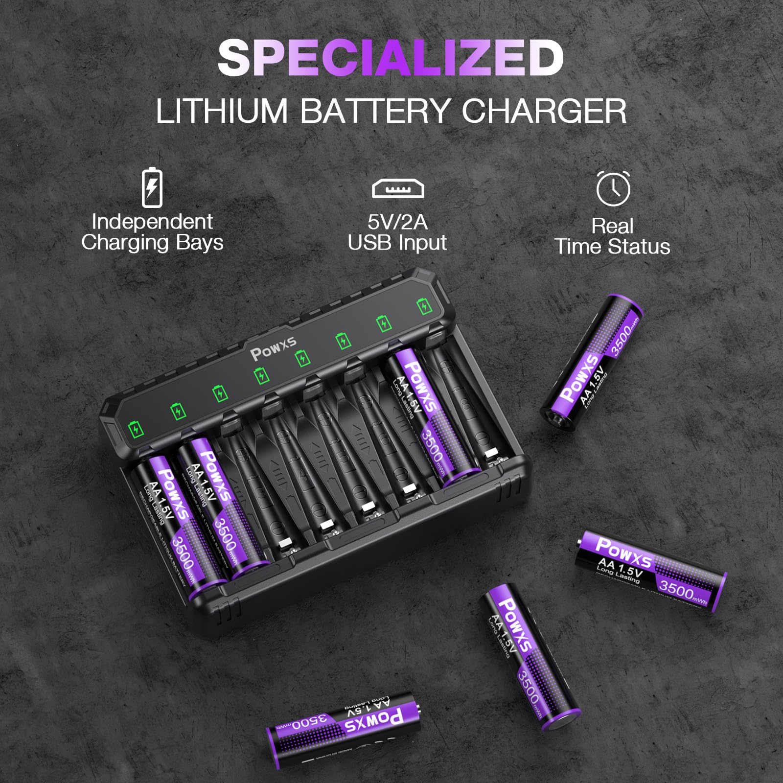 POWXS 3500mWh Rechargeable AA Lithium Batteries 8 Pack with Universal AA/AAA Charger - 1.5V Long Lasting Power for Blink Cameras, Flashlights, Wireless Keyboards & Smart Home Devices