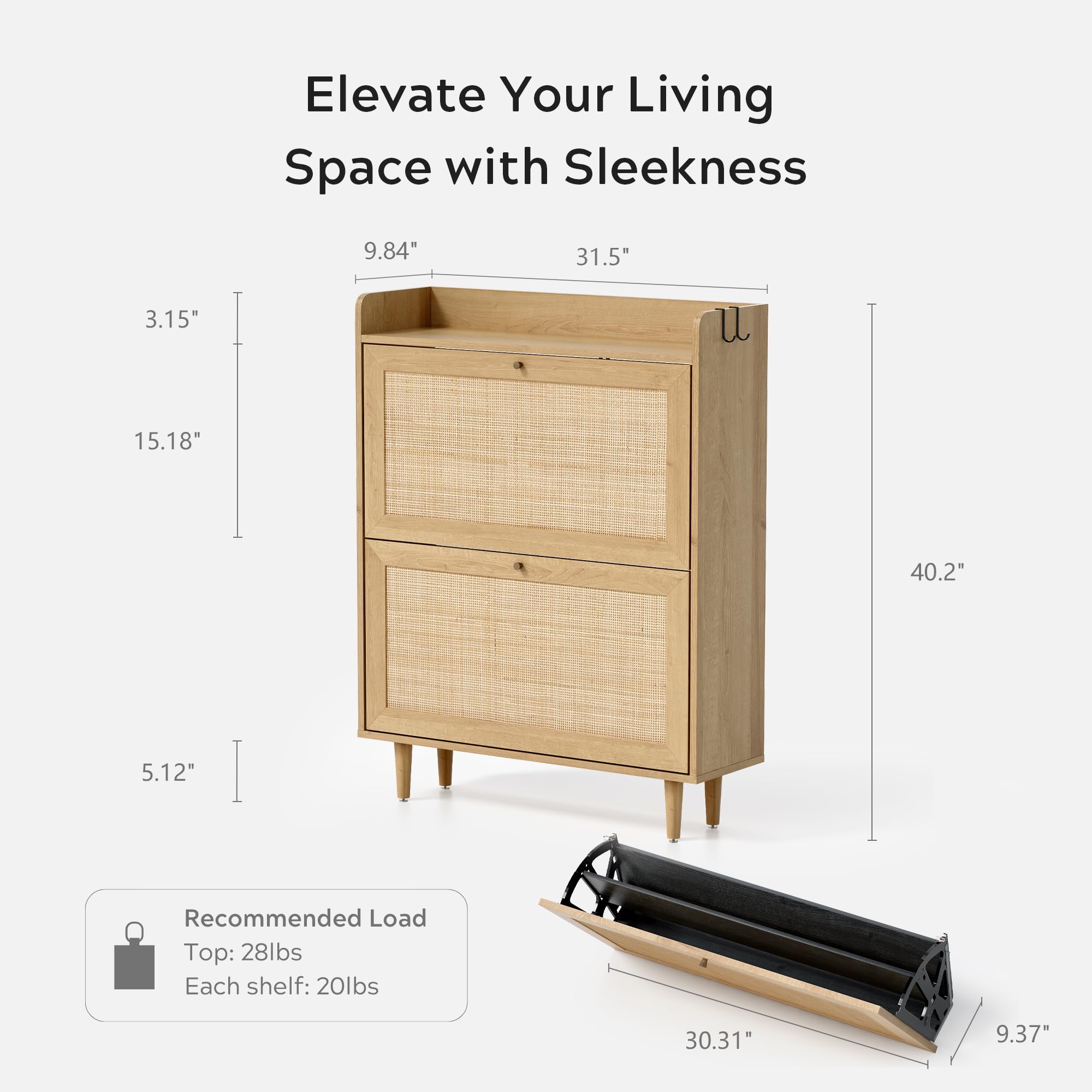 Farmhouse Rattan Shoe Cabinet with 2 Flip Drawers - Slim Narrow Wooden Shoe Organizer for Entryway & Hallway - Natural Oak Finish - Perfect for Small Spaces, Apartments & Boho Home Decor