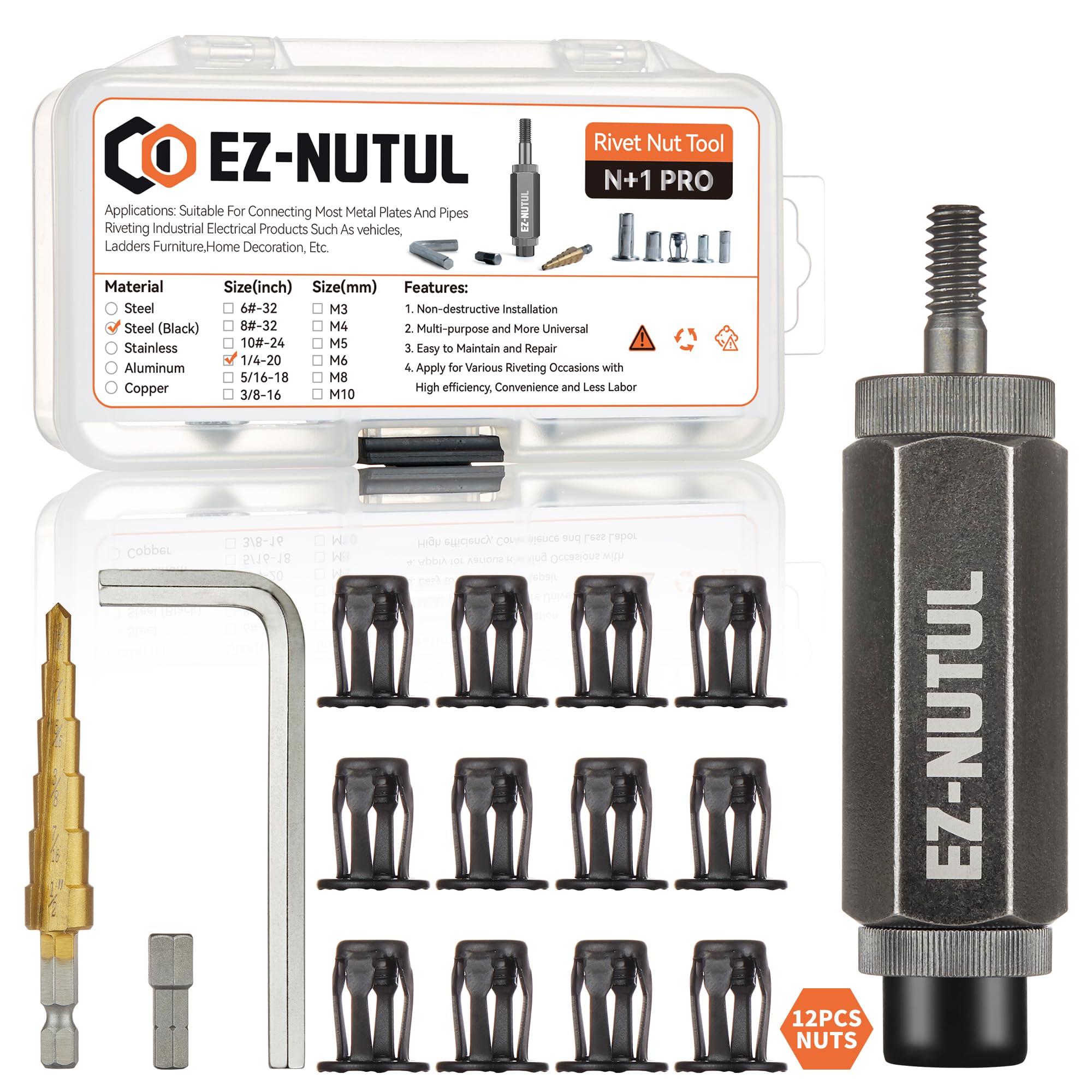Jack Nut Installation Tool Set - 1/4-20 Thread Insert Kit (12pcs, Black) for Thin Metal, Plastic, Polywood, Pressboard & Hardboard - Perfect for DIY Projects, Furniture Assembly & Automotive Repairs