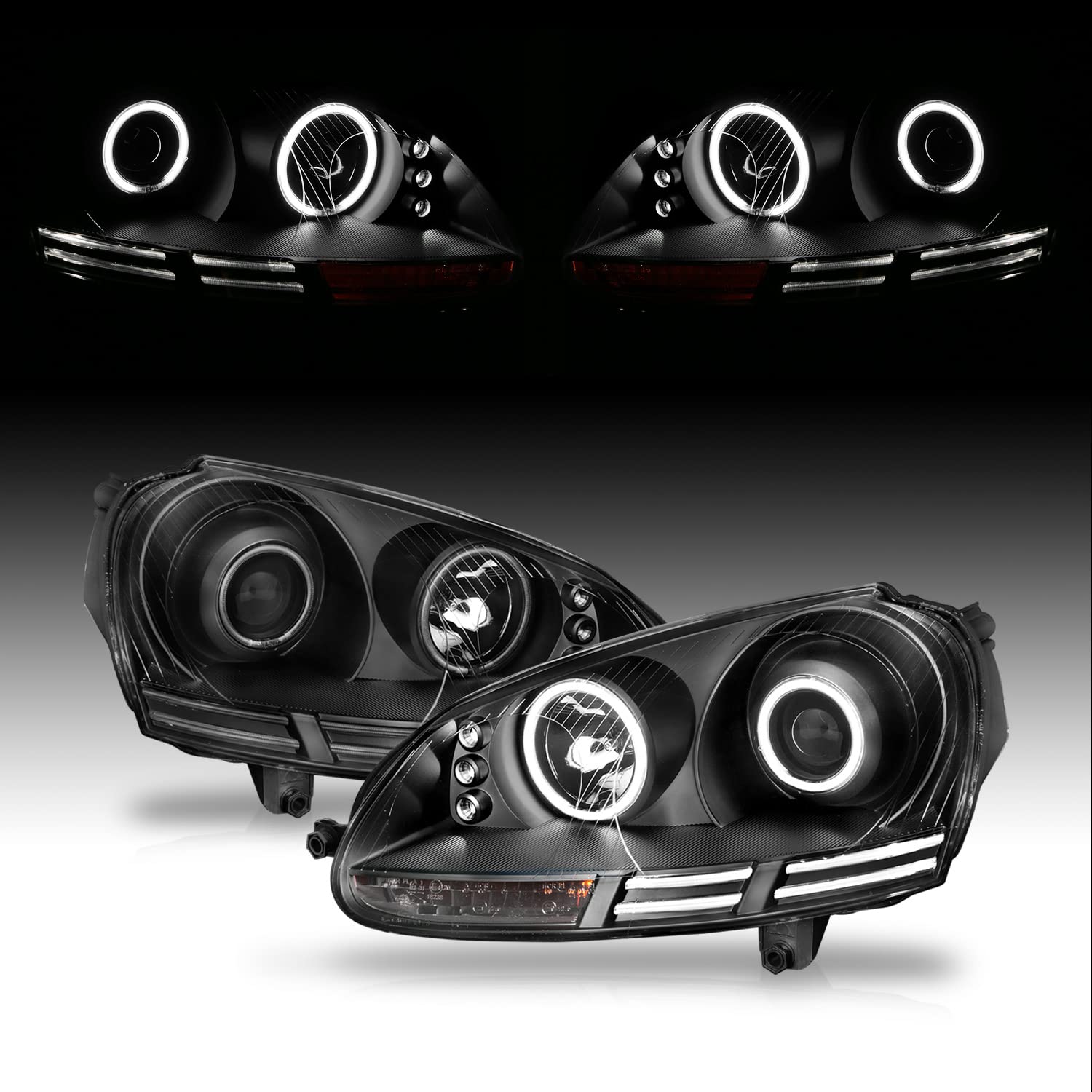 AmeriLite CCFL Halo Black Headlights for Volkswagen Rabbit (Golf) / Jetta Gen5 / Wagon - Left & Right Side Replacement - Perfect for Night Driving & Car Customization