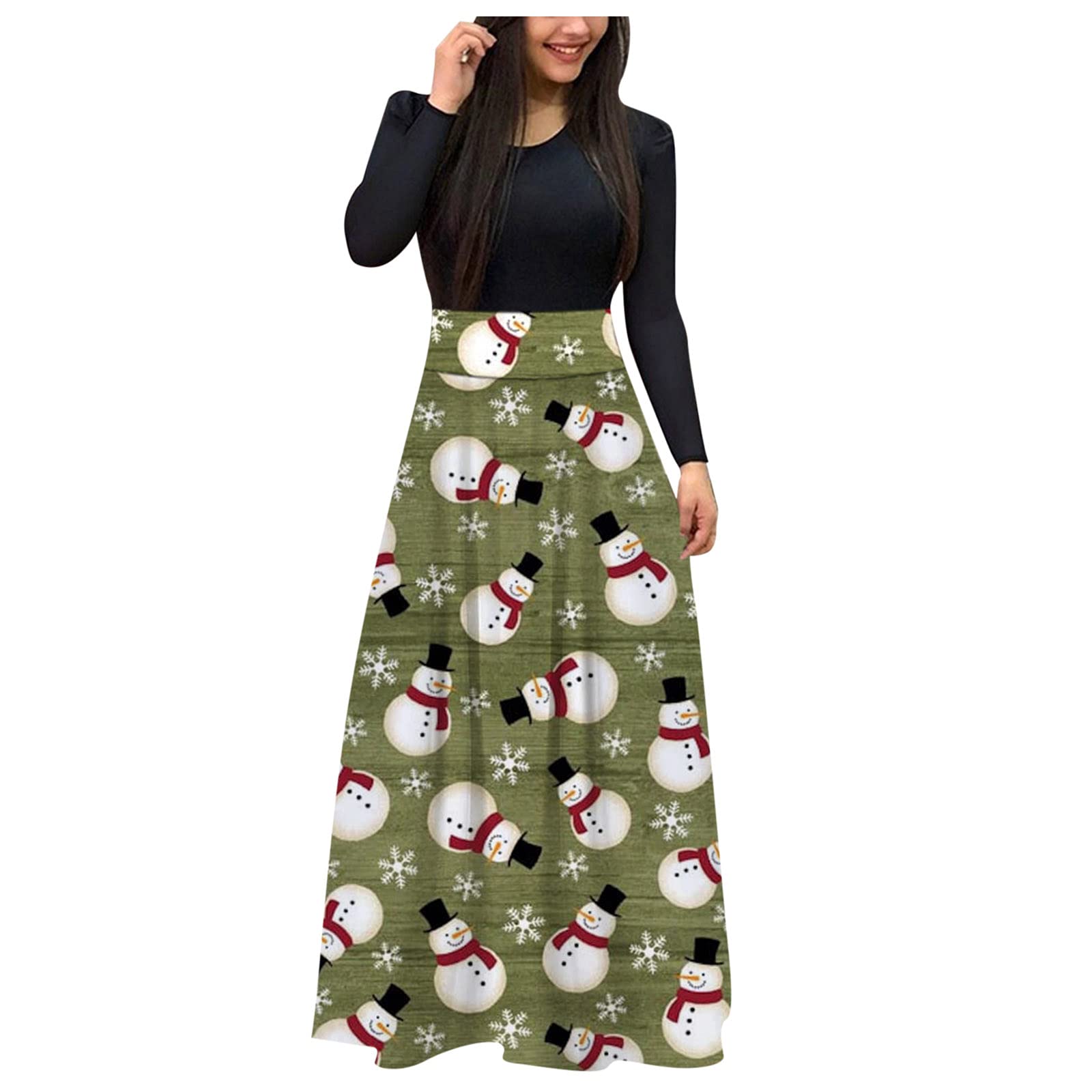 Festive Snowman Print Women's Long Sleeve High Waist Maxi Dress - Christmas Party, Holiday Gathering & Casual Winter Wear