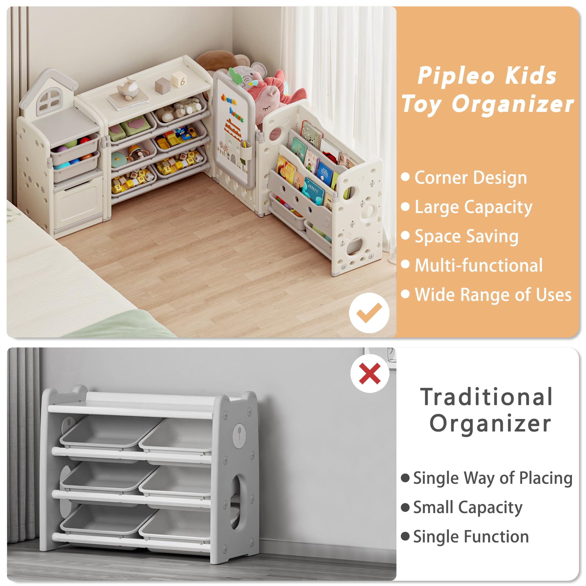 Foldable 3-Tier Kids Toy Storage Organizer with 10 Removable Bins & Bookshelf - Multi-Functional Toy Organizer with Drawing Board & 3 Brushes (4-in-1 Off-White) - Perfect for Playroom, Bedroom & Classroom Organization