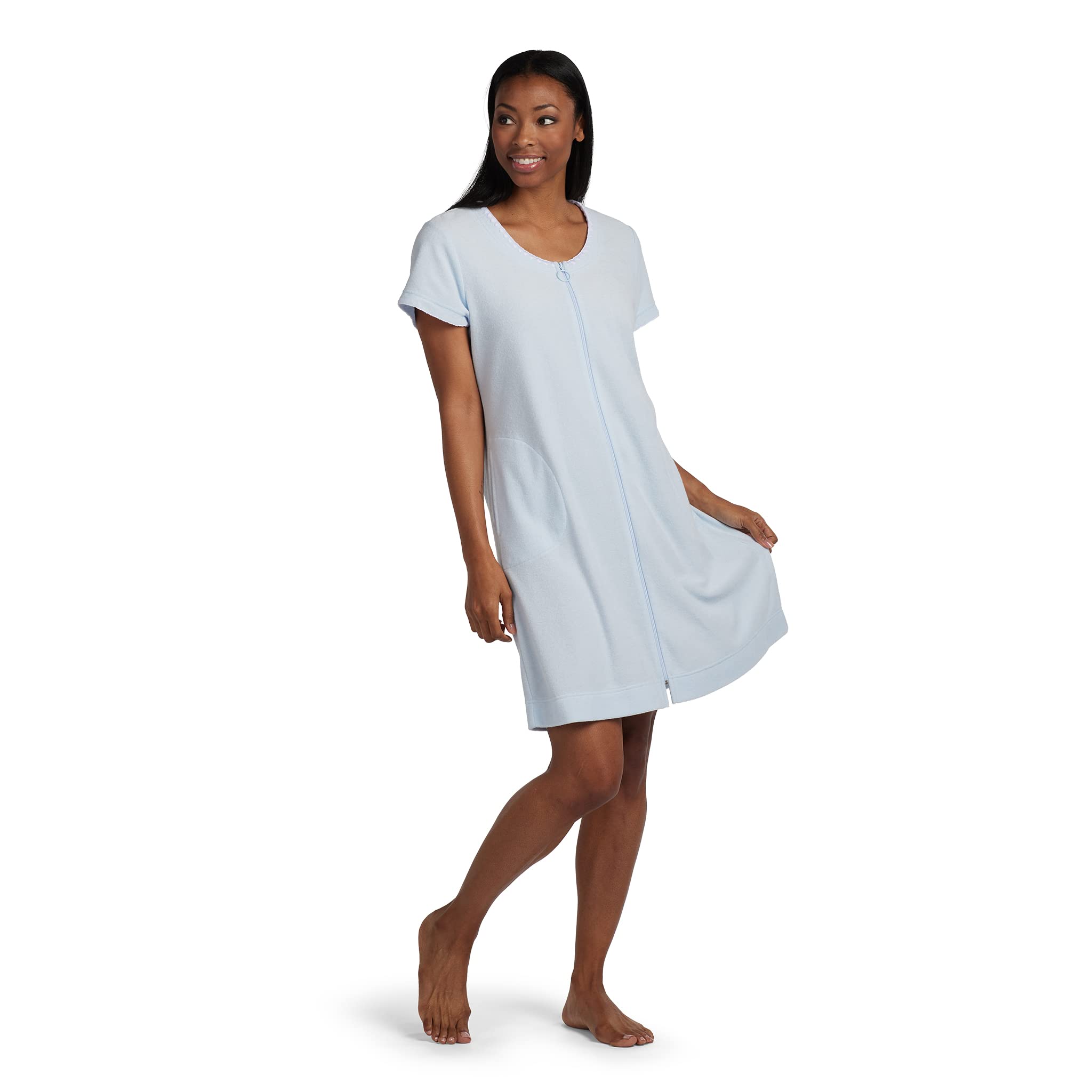 Miss Elaine Women's Terrycloth Short Robe with Two Side Pockets & Front Zipper - Soft Bathrobe for Spa, Lounge & Post-Shower Comfort