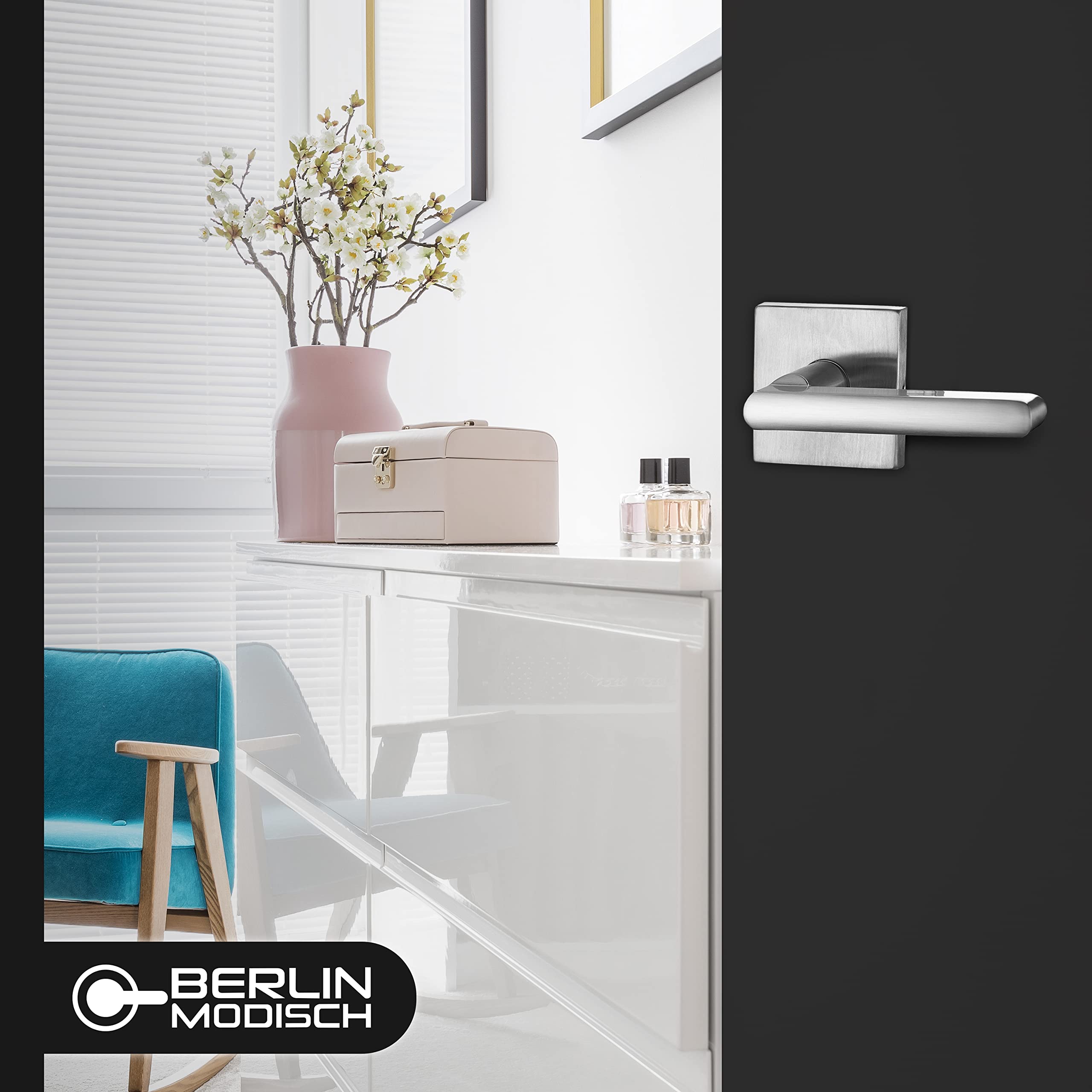 Berlin Modisch Modern Square Entry Lever Door Handle with Single Cylinder Deadbolt Lock Set - Heavy Duty Satin Nickel Finish for Front Doors, Office & Interior Doors (Right/Left Handed) - Secure & Stylish Home & Business Access Solution