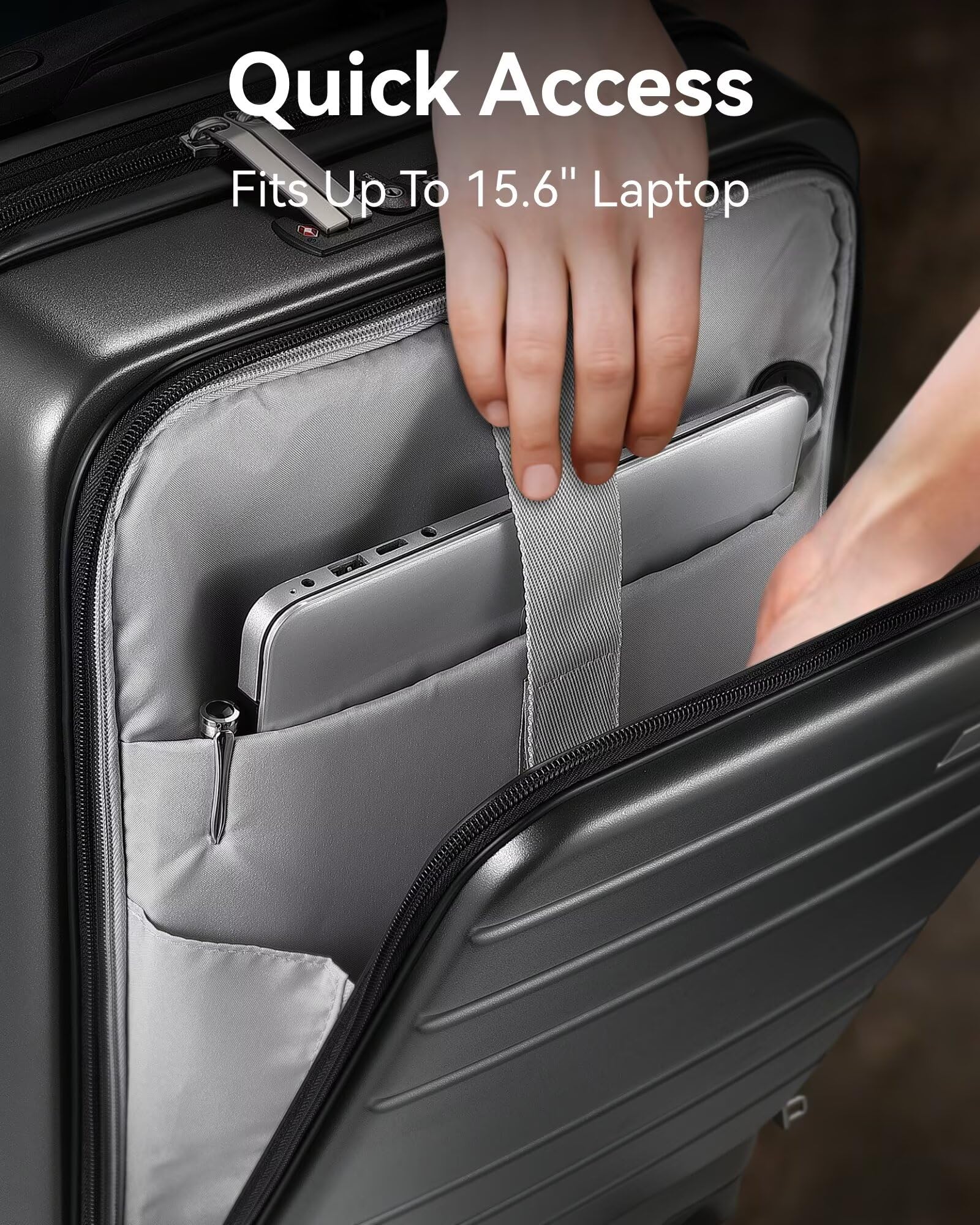 LUGGEX 20 Inch Carry On Luggage - Airline Approved Polycarbonate Hard Suitcase with Front Pocket (35L, Charcoal Metallic) - Perfect for Business Travel & Weekend Getaways