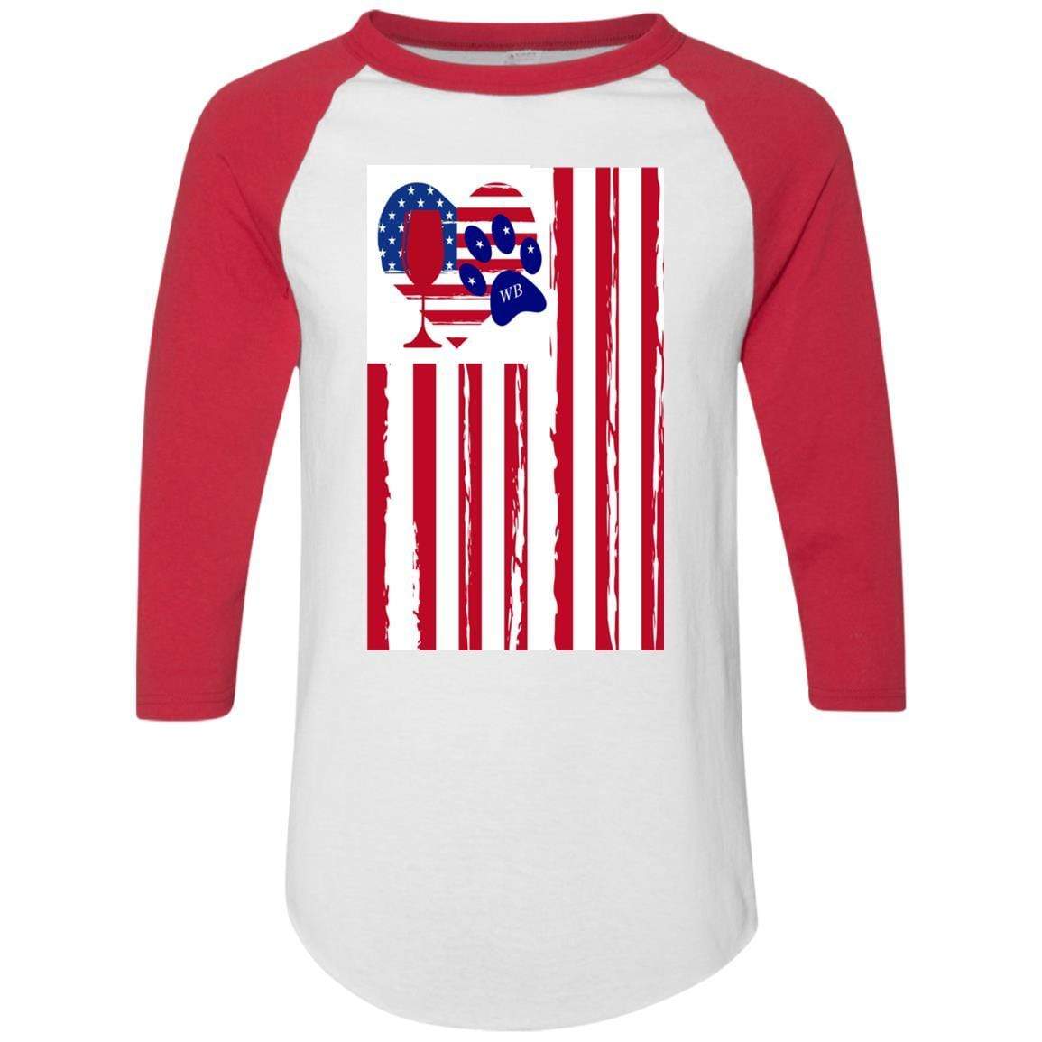 American Flag Wine Glass with Paw Heart Design - Colorblock Raglan Jersey for Women | Perfect for Patriotic Parties, BBQ Gatherings & Wine Lovers