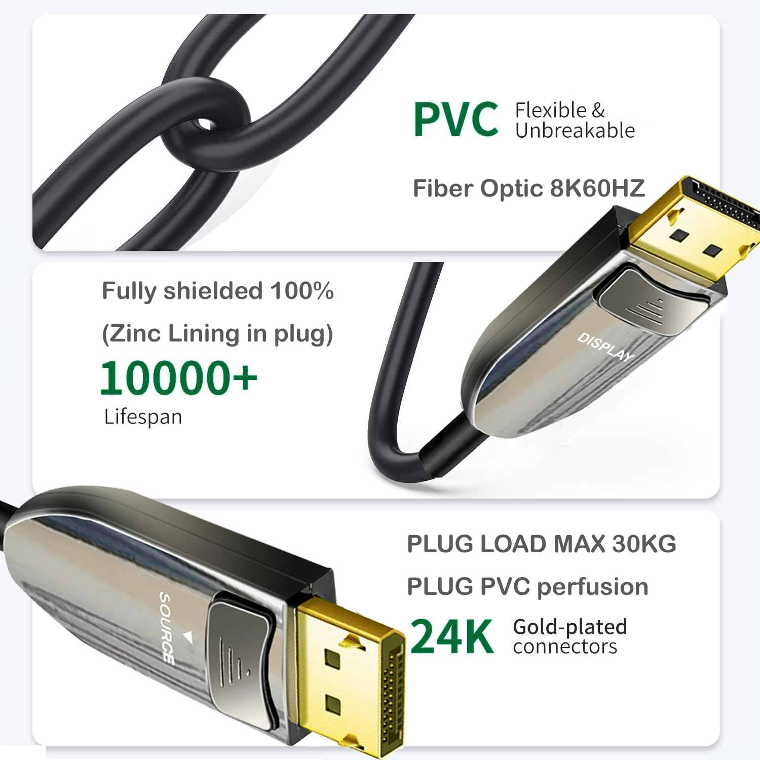 8K Fiber Optic DisplayPort Cable 125FT - 32.4Gbps DP to DP Cable 1.4 Supports 8K@60Hz, 4K@240Hz, 2K@240Hz for Gaming Monitors, Graphics Cards, PC - Ultra HD Gaming & Professional Video Editing