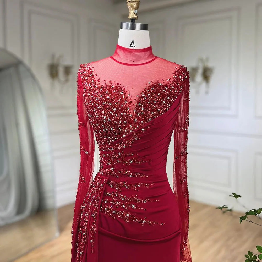 Elegant Rose Gold Long Sleeve High Neck Mermaid Evening Dress with Skirt - Women's Luxury Party Gown for Formal Events, Prom, Wedding Guest & Special Occasions 2025 LA71804
