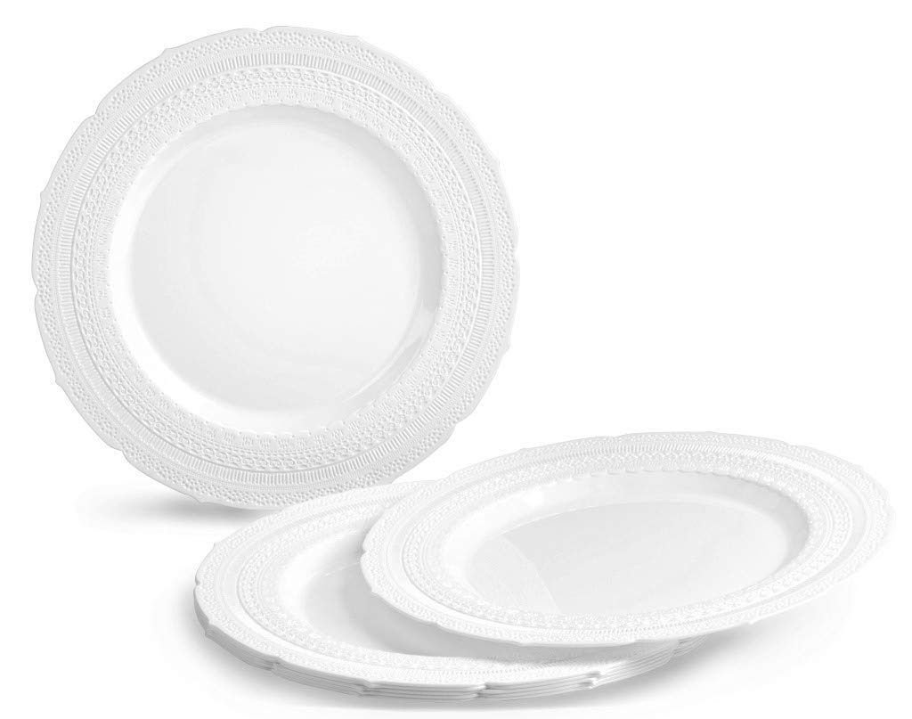 840-Piece Heavyweight Disposable Plastic Wedding Plate Set - 120 x 11'' Dinner Plates, 120 x 7'' Dessert Plates, Silverware, Cups & Napkins (Chateau White) - Perfect for Weddings, Parties, Catering & Large Gatherings