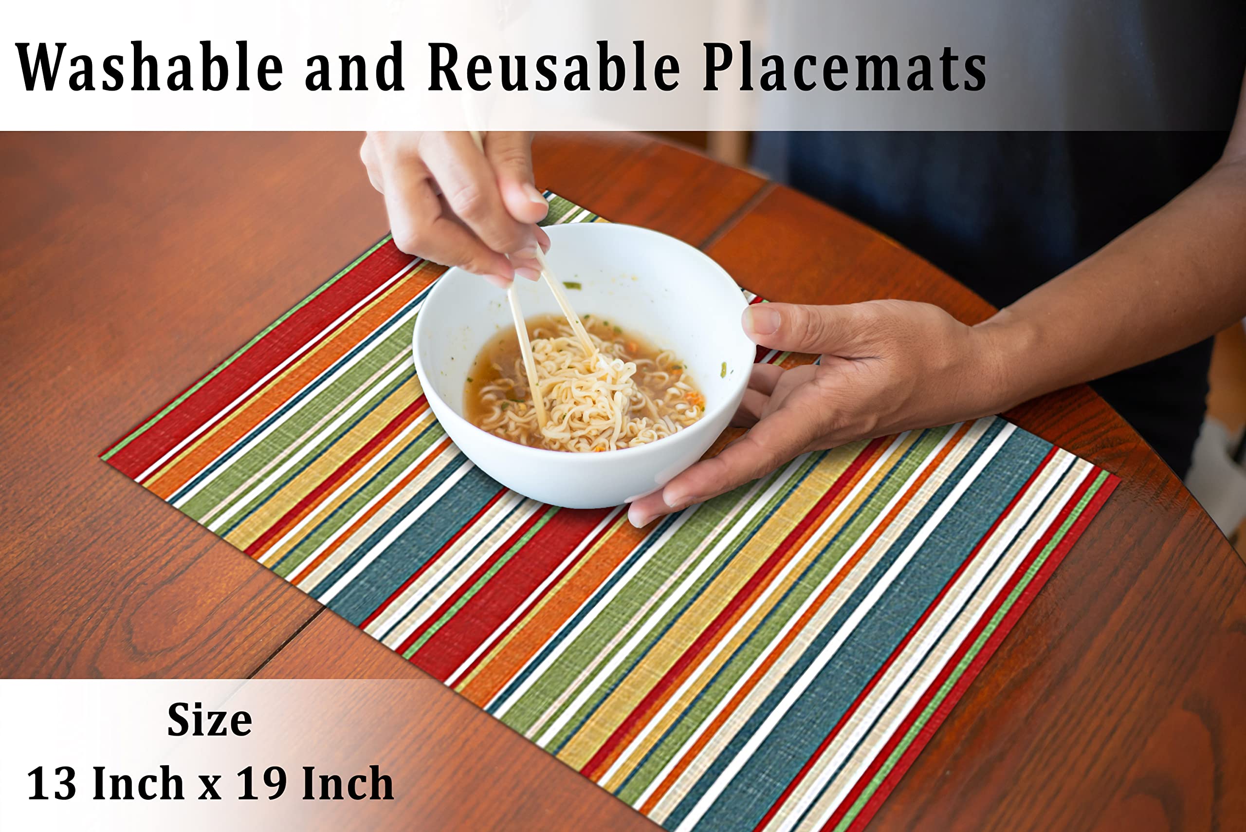Premium Ruvanti 100% Cotton Placemats Set of 6 - 13x19 Inch Washable Dining Table Mats for Everyday Use, Holiday Dinners & Kitchen Decor | Multi-Stripe Design for Christmas, Thanksgiving & Family Gatherings
