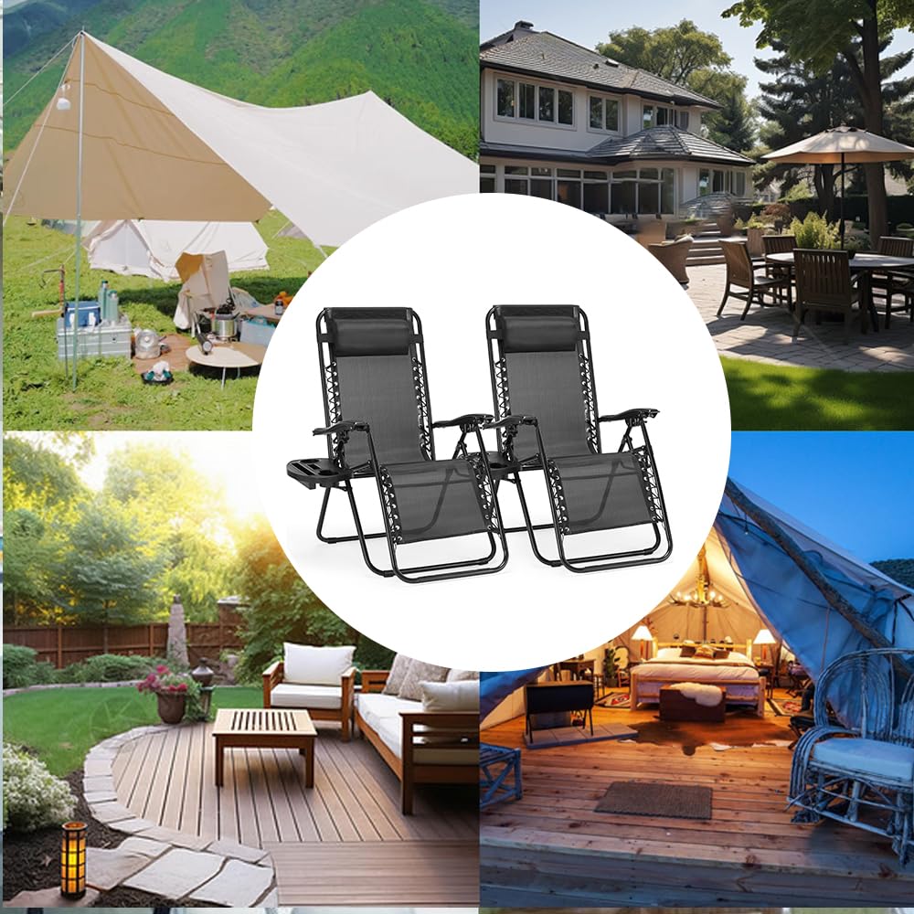 SMUG Folding Zero Gravity Lounge Chair Set of 2 - Portable Outdoor Reclining Camping Chairs with Adjustable Headrest & Cup Holders - Perfect for Patio, Garden, Lawn, Beach & Backyard Relaxation - Black