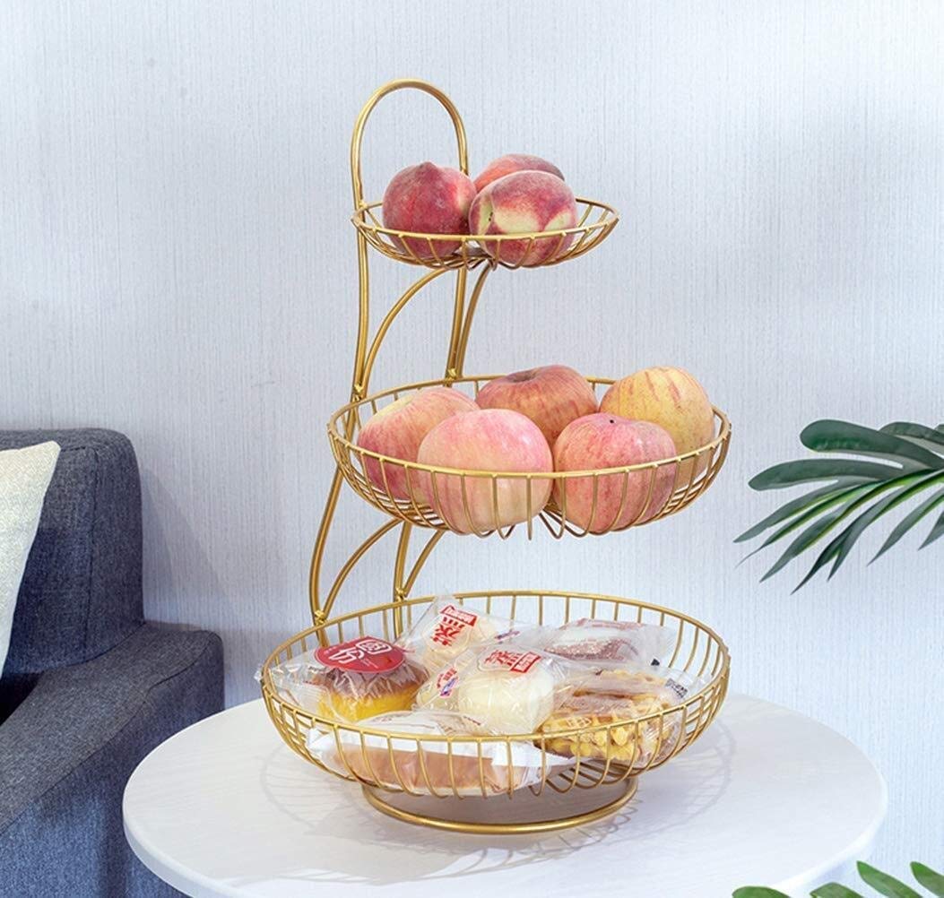 PTATT 3-Tier Golden Metal Wire Baskets - Kitchen Countertop Fruit Vegetable Storage Organizer for Snack Can Production - Perfect for Pantry Organization, Countertop Display & Home Decor