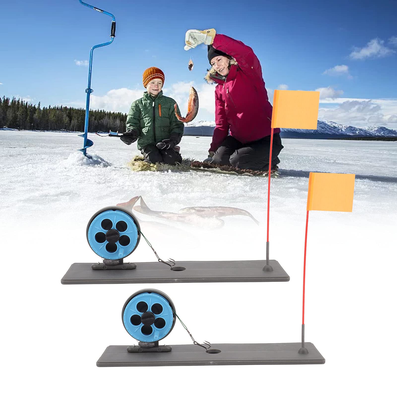 2Pcs Ice Fishing Tip Ups with Flags - Automatic Floating Portable Ice Fishing Rod Tackle for Winter Ice Fishing - Perfect for Ice Anglers, Lake Fishing, and Outdoor Winter Sports