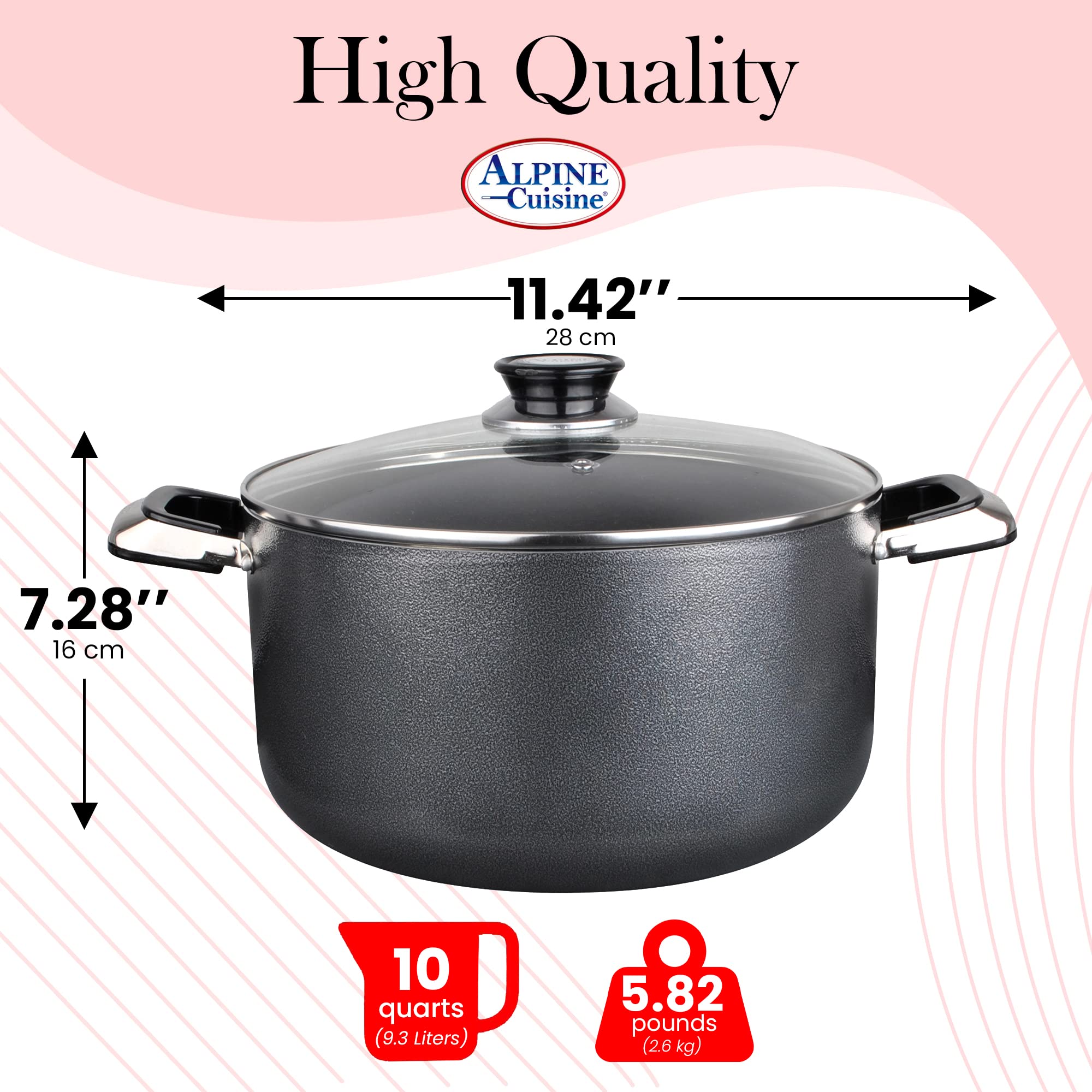 Alpine Cuisine 10 Quart Non-Stick Stock Pot with Tempered Glass Lid & Handles - Multi-Purpose Aluminum Dutch Oven for Braising, Boiling, Stewing - Perfect for Soups, Stews & Family Dinners