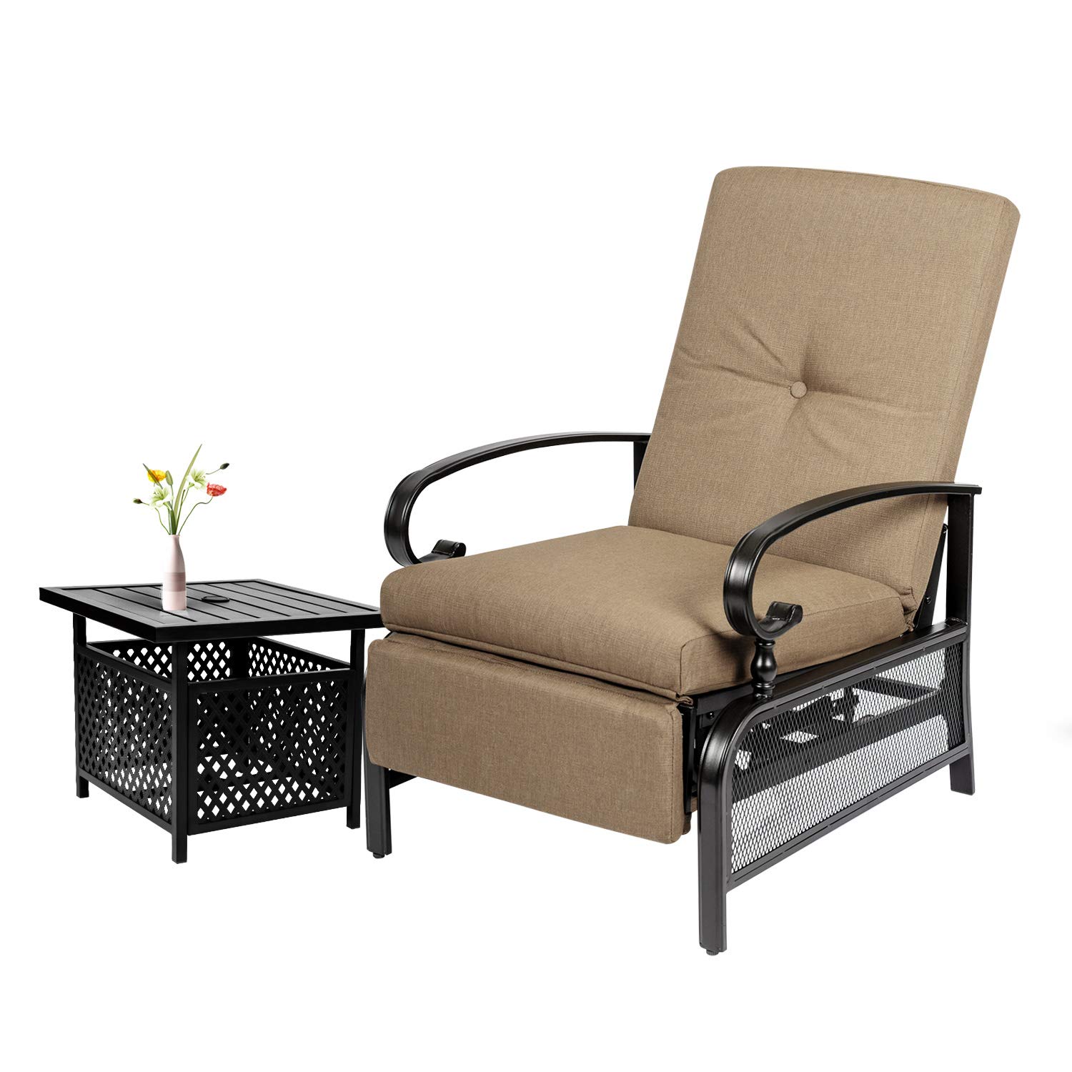 Crownland 2-Piece Outdoor Lounge Chair Set with Adjustable Reclining Patio Chairs & Umbrella Bistro Table - Water Resistant Cushions, Durable Metal Furniture (Brown) - Perfect for Backyard, Poolside & Patio Relaxation