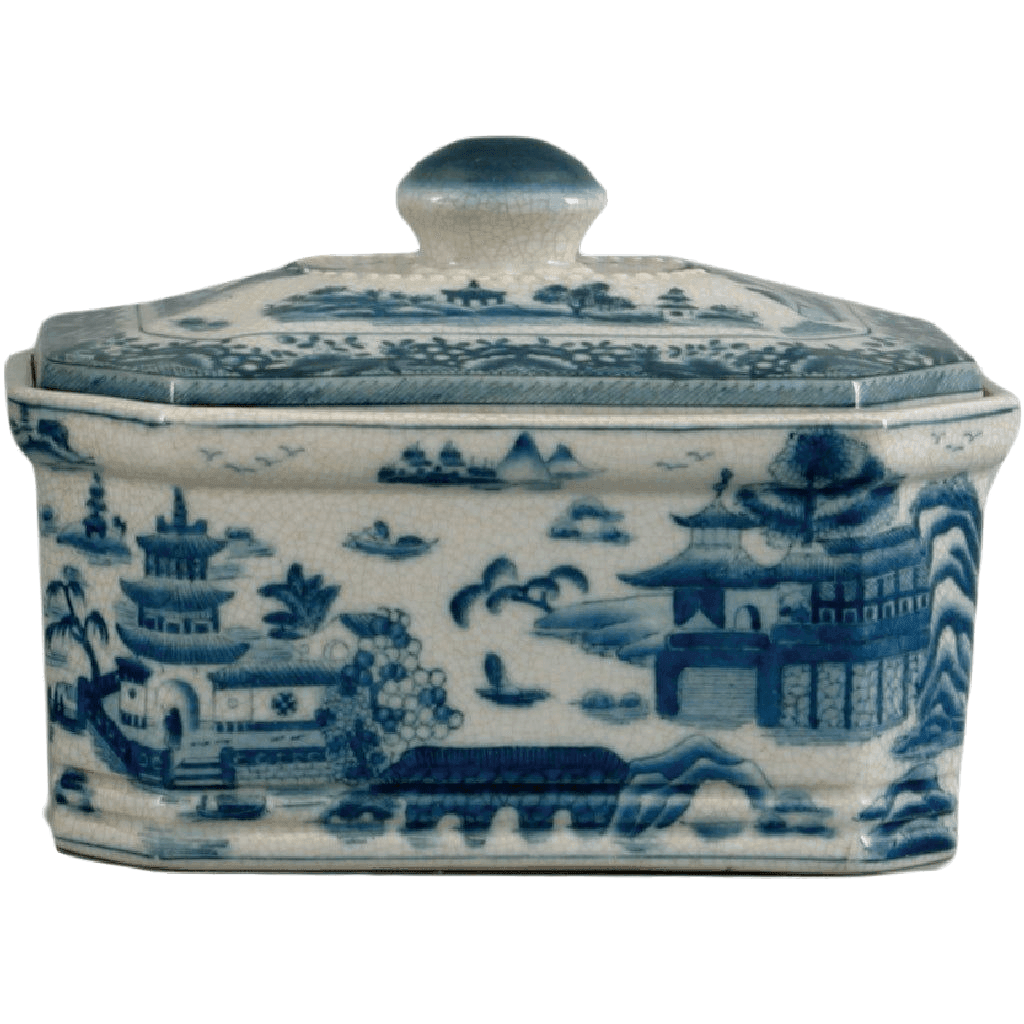 Antique Blue and White Willow Porcelain Covered Box - Vintage Chinese Ceramic Jewelry Storage - Perfect for Home Decor, Gift Giving & Collectibles