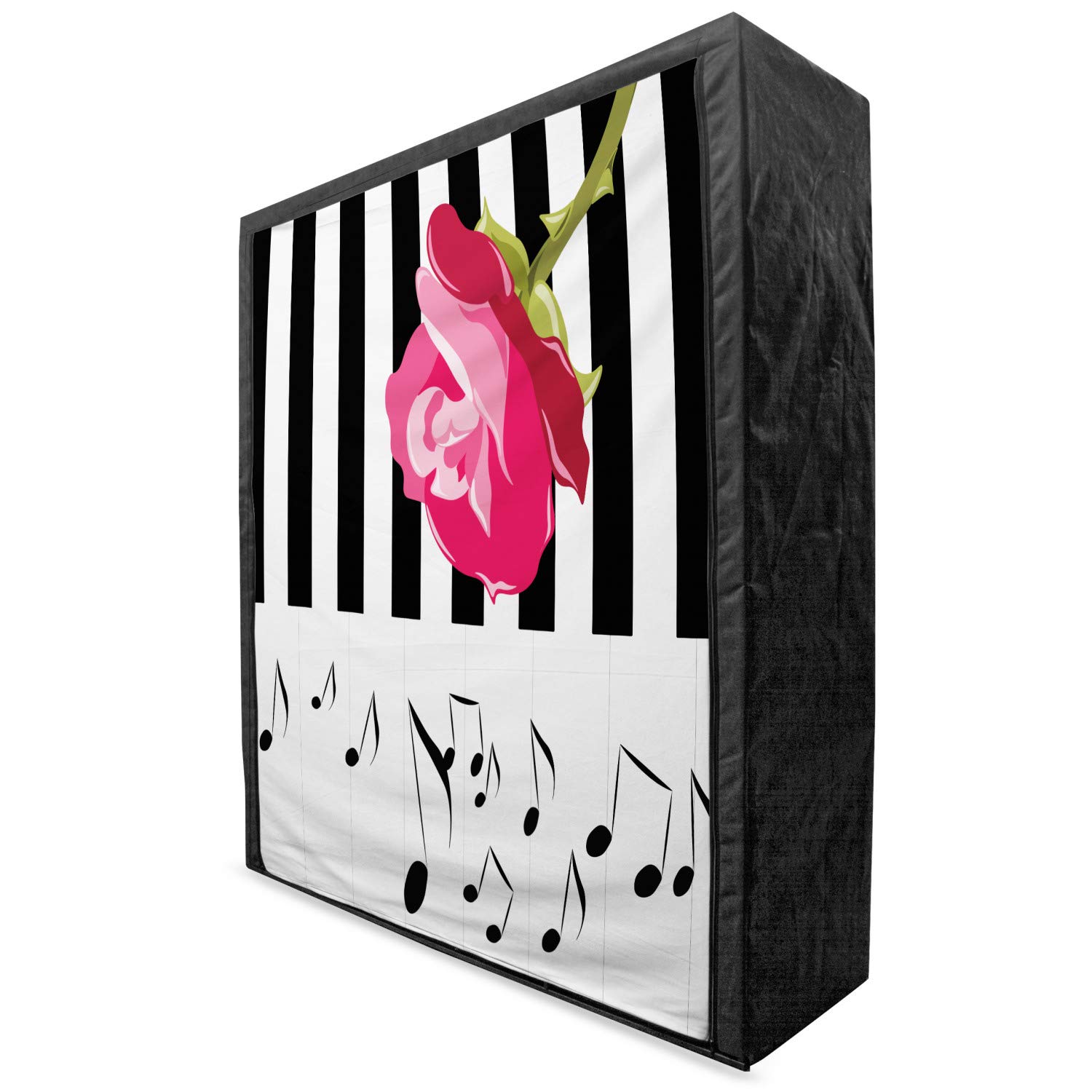 Ambesonne Modern Portable Fabric Wardrobe - Hand Drawn Red Rose Piano with Musical Notes Romantic Instrumental Art, Pink Black White Clothing Organizer & Storage Closet with Shelves, 59 Inch - Perfect for Bedroom, Closet, Dorm & Small Space Organization