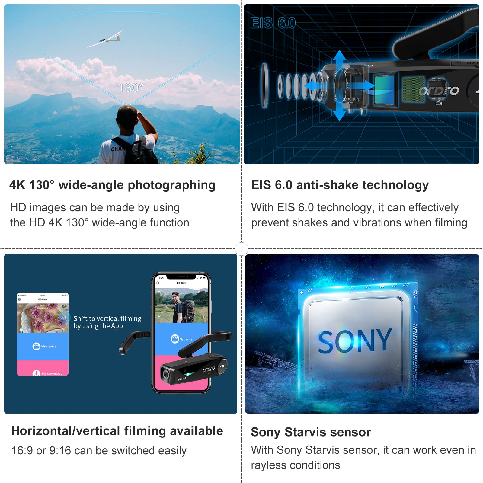 ORDRO EP6 Plus 4K Head Mounted Camera - Wearable Hands-Free Vlogging Camcorder with WiFi APP Control, UHD 1080P 60FPS, EIS 6.0 Anti-Shake & Smart Remote - Perfect for Action Sports, Travel Vlogging, and Outdoor Adventures
