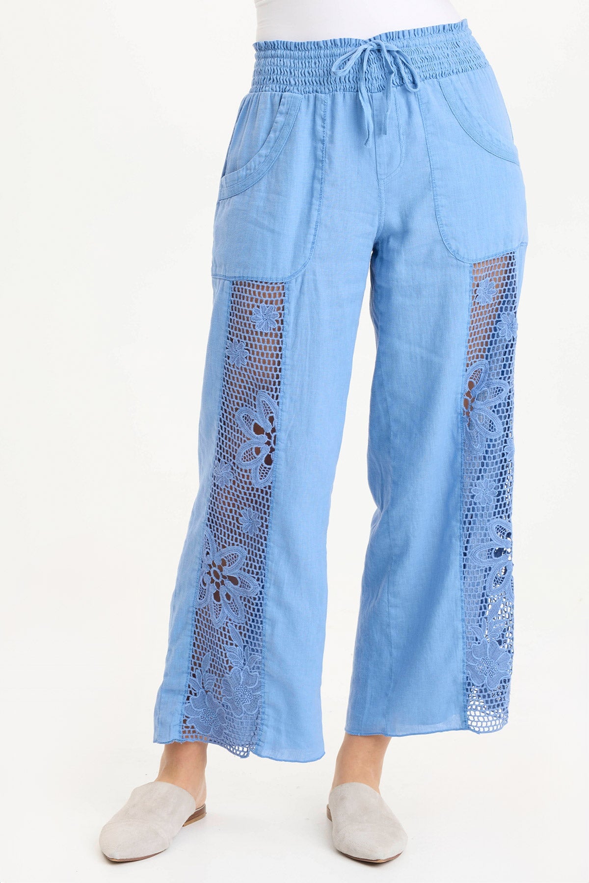 Rokel Linen Crochet Ruched Wide Leg Pants for Women - Boho Chic High Waisted Palazzo Pants - Summer Beach Vacation Outfit & Casual Lounge Wear