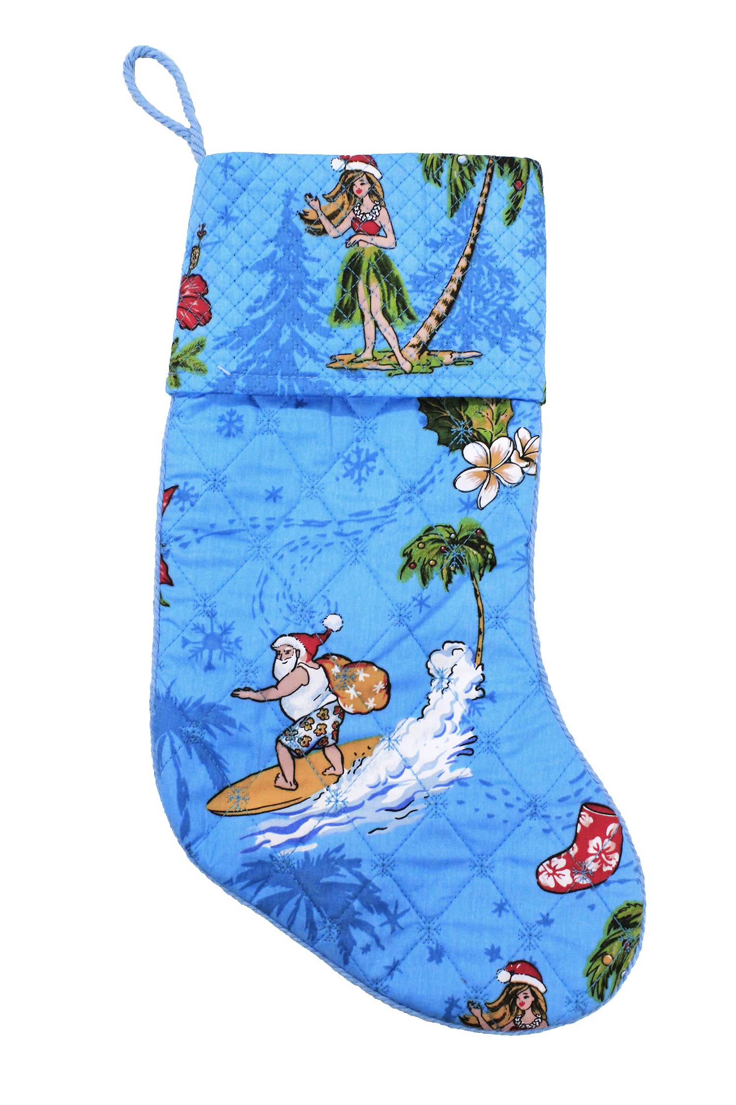 Santa in Hawaii Turquoise Snowflake Quilted Cotton Christmas Stockings - Perfect for Holiday Decor, Fireplace Mantel & Gift Giving