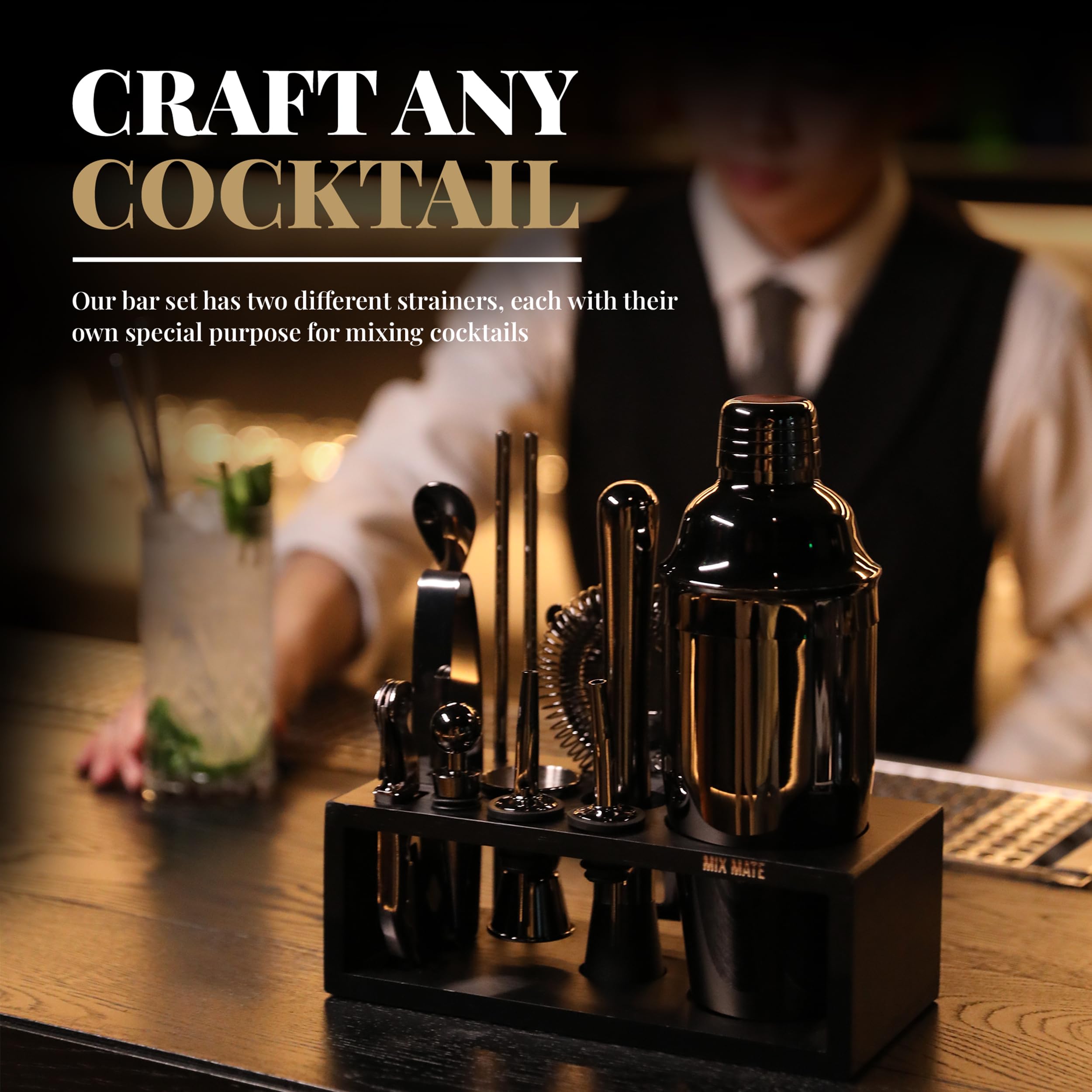 Premium 15-Piece Black Stainless Steel Cocktail Shaker Set with Wood Stand - Professional Bartender Kit Includes Drink Mixer, Bar Spoon, Jigger, Muddler, Strainer, Bottle Opener & More - Perfect for Home Bars, Parties & Mixology Enthusiasts