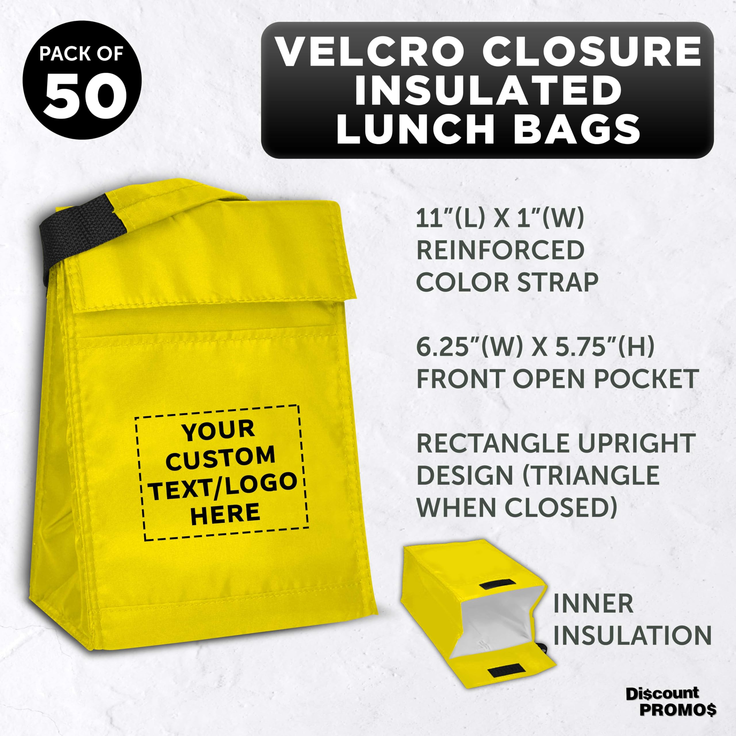 50-Pack Customizable Hook & Loop Insulated Lunch Bags - Durable Polyester Reusable Food Containers with Vibrant Yellow Color - Perfect for School, Office & Picnic Lunch Storage