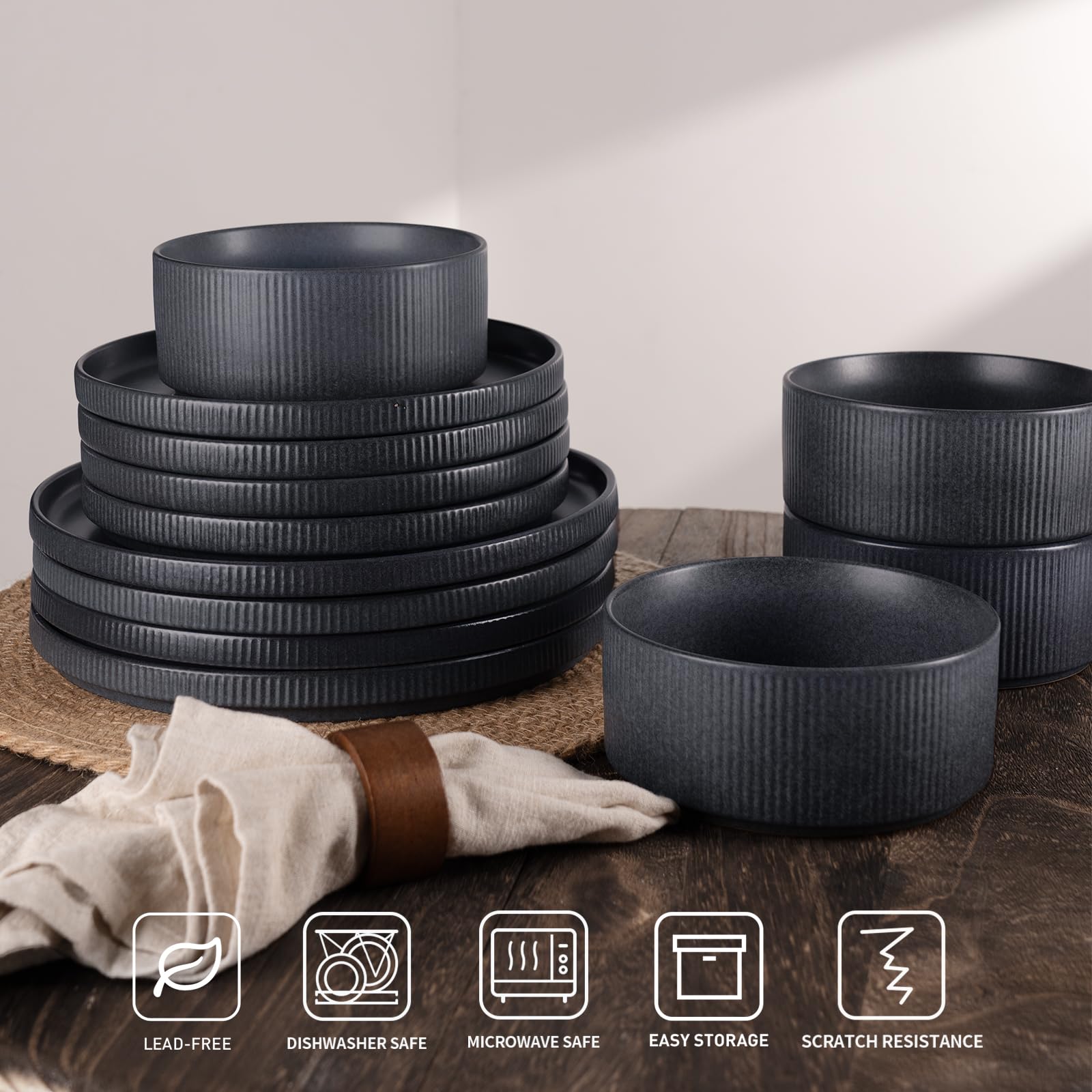 Famiware 8-Inch Star Salad Plates Set of 6 - Premium Stoneware Dinnerware for Dessert, Appetizers & Small Meals - Matte Dark Charcoal Fully Glazed Plates - Perfect for Dinner Parties, Holiday Gatherings & Restaurant Use