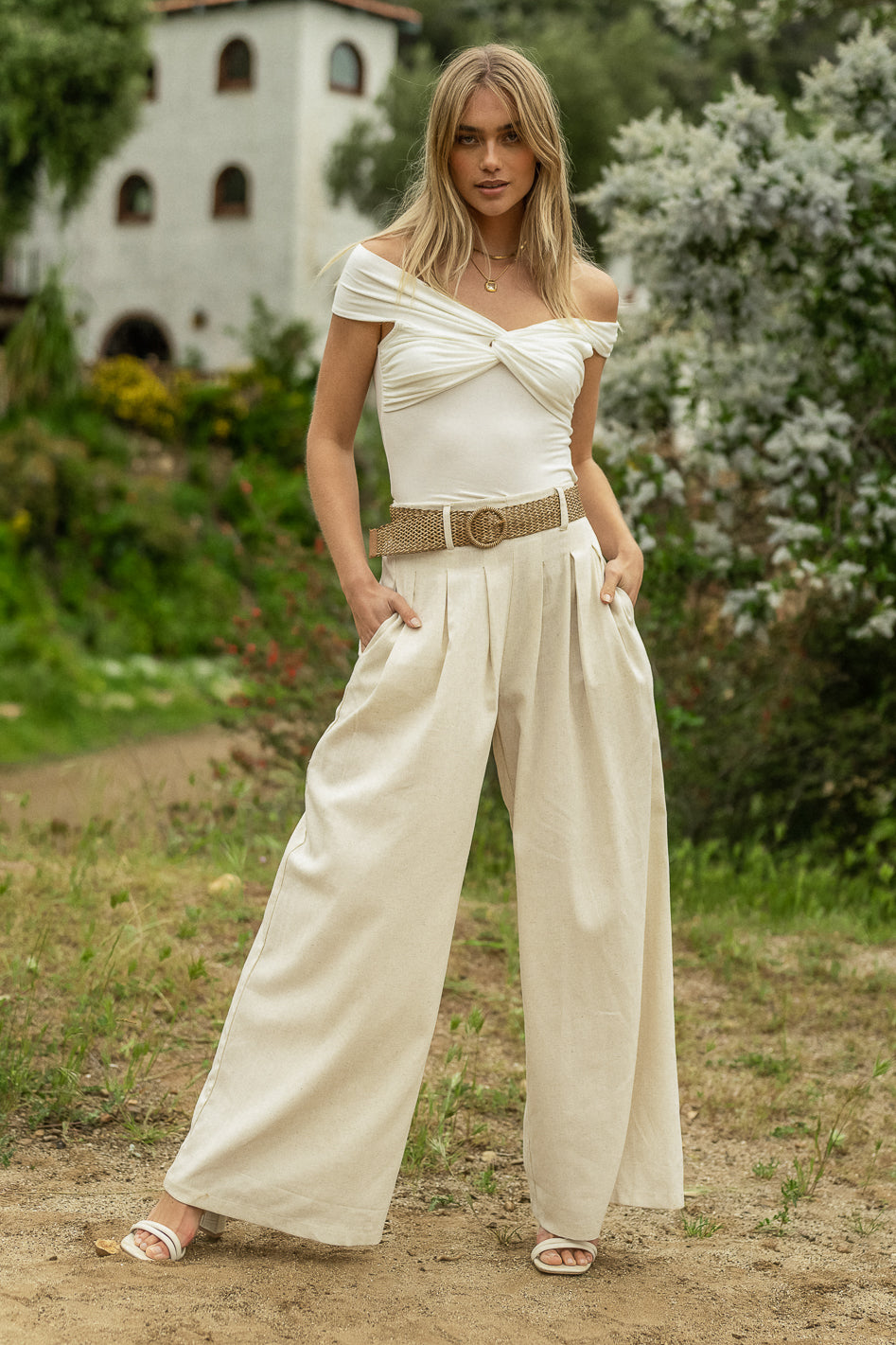 Hallie Wide Leg Pants in Oatmeal - Comfortable High Waisted Linen Pants for Women | Perfect for Office, Travel & Casual Wear