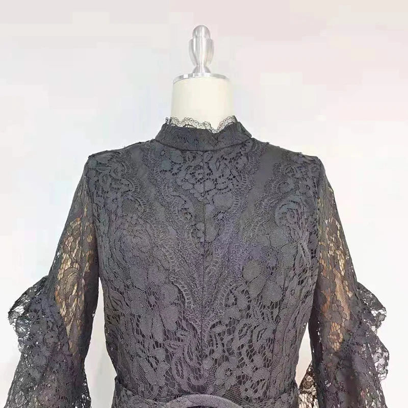 Elegant Black Lace Panel Sashes Slim Long Dress for Women - Turtleneck Half Sleeve High Waist Maxi Dress | Perfect for Autumn Weddings, Parties & Formal Occasions