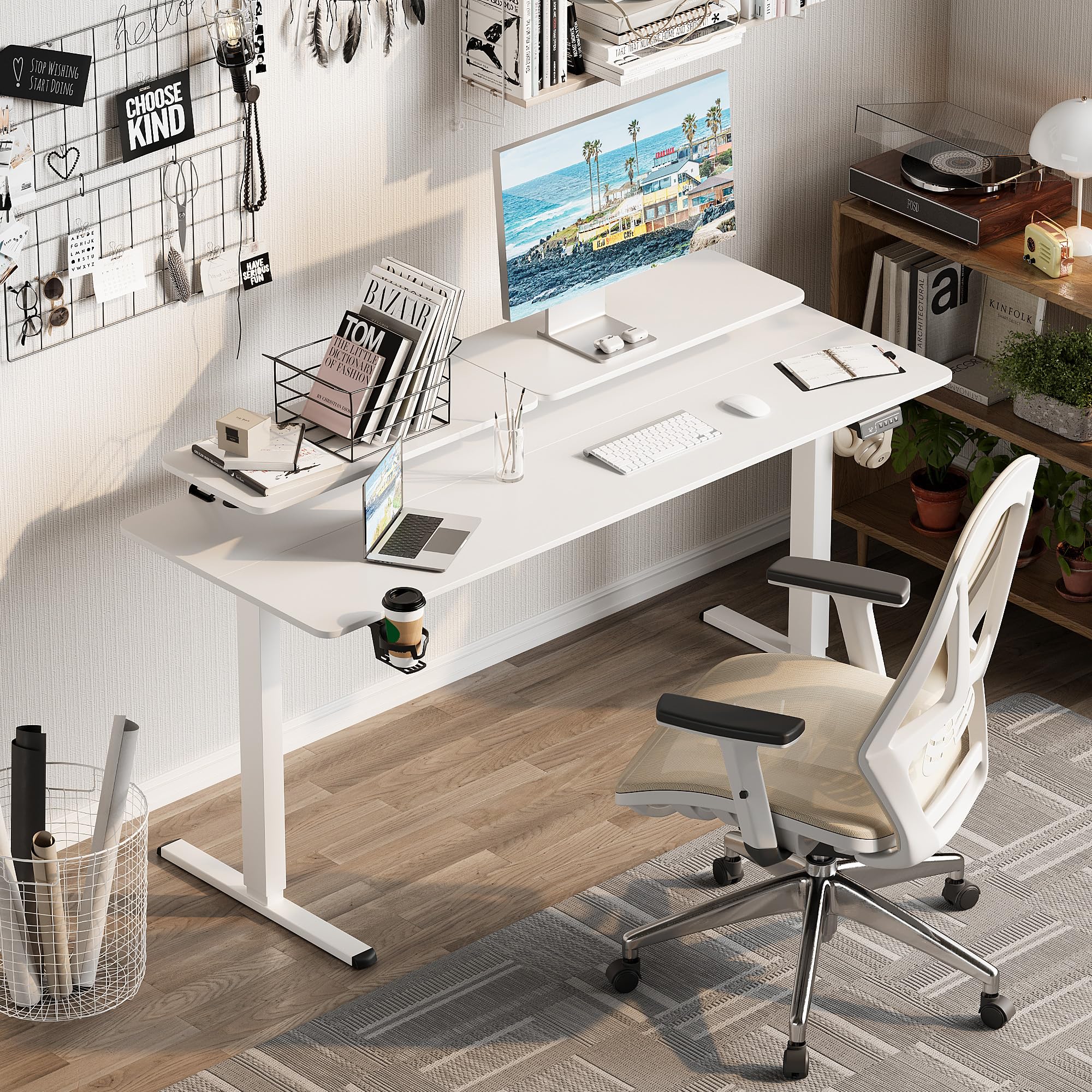 Furmax 63 x 24 Inches Electric Height Adjustable Standing Desk with Monitor & Laptop Workstation - White Sit Stand Desk with Cable Management Holes, Cup Holder & Hook - Perfect for Home Office, Gaming Setup & Remote Work