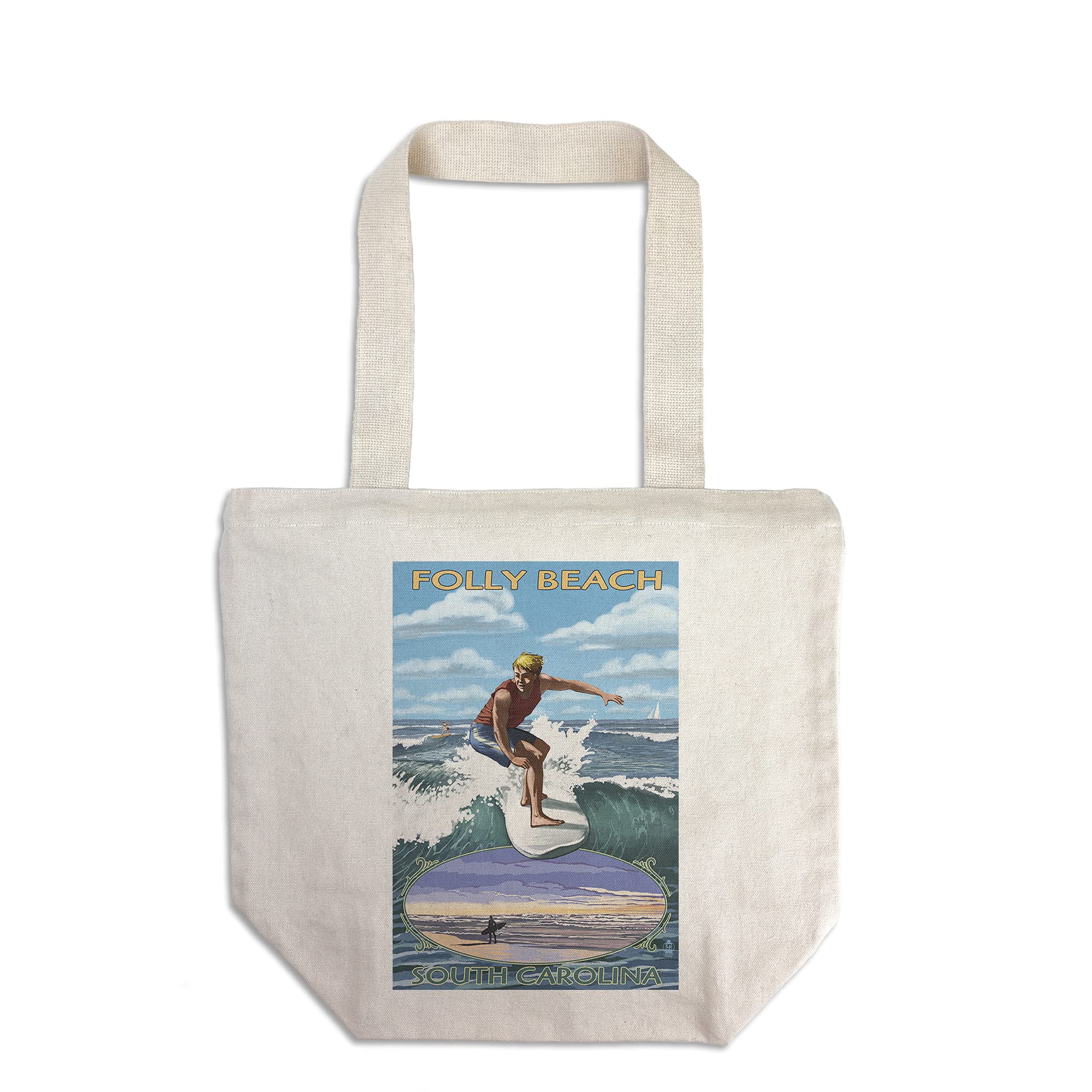 Lantern Press Folly Beach South Carolina Surfer Tote Bag - 100% Cotton Canvas Reusable Shopping Bag - Perfect for Beach Trips, Groceries & Everyday Use