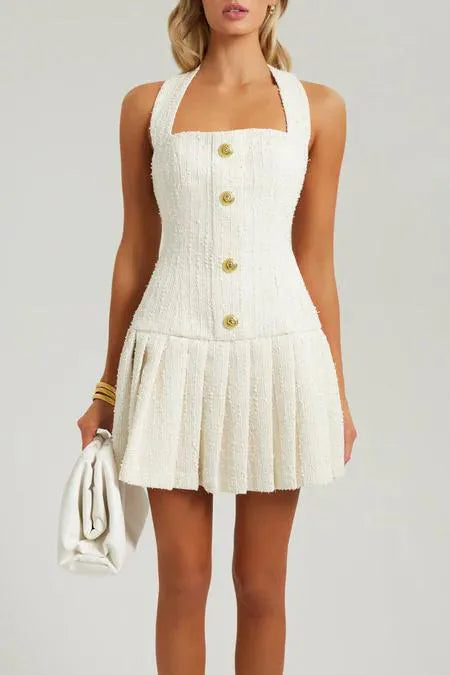 Christine Halterneck Tweed Mini Dress for Women - Elegant Vintage Style Party Cocktail Dress for Night Out, Date Night, and Special Occasions