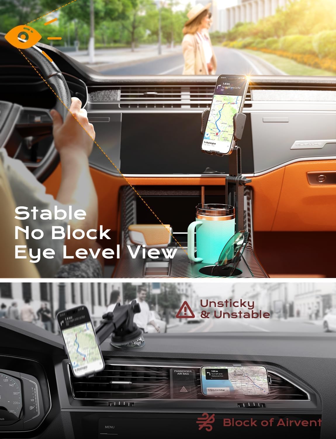 2-in-1 Car Cup Holder and Phone Mount - Adjustable Height, Sturdy Grip for 4-7 Inch Phones, Compatible with Most Beverage Bottles | Perfect for Road Trips, Commuting, and Hands-Free Navigation
