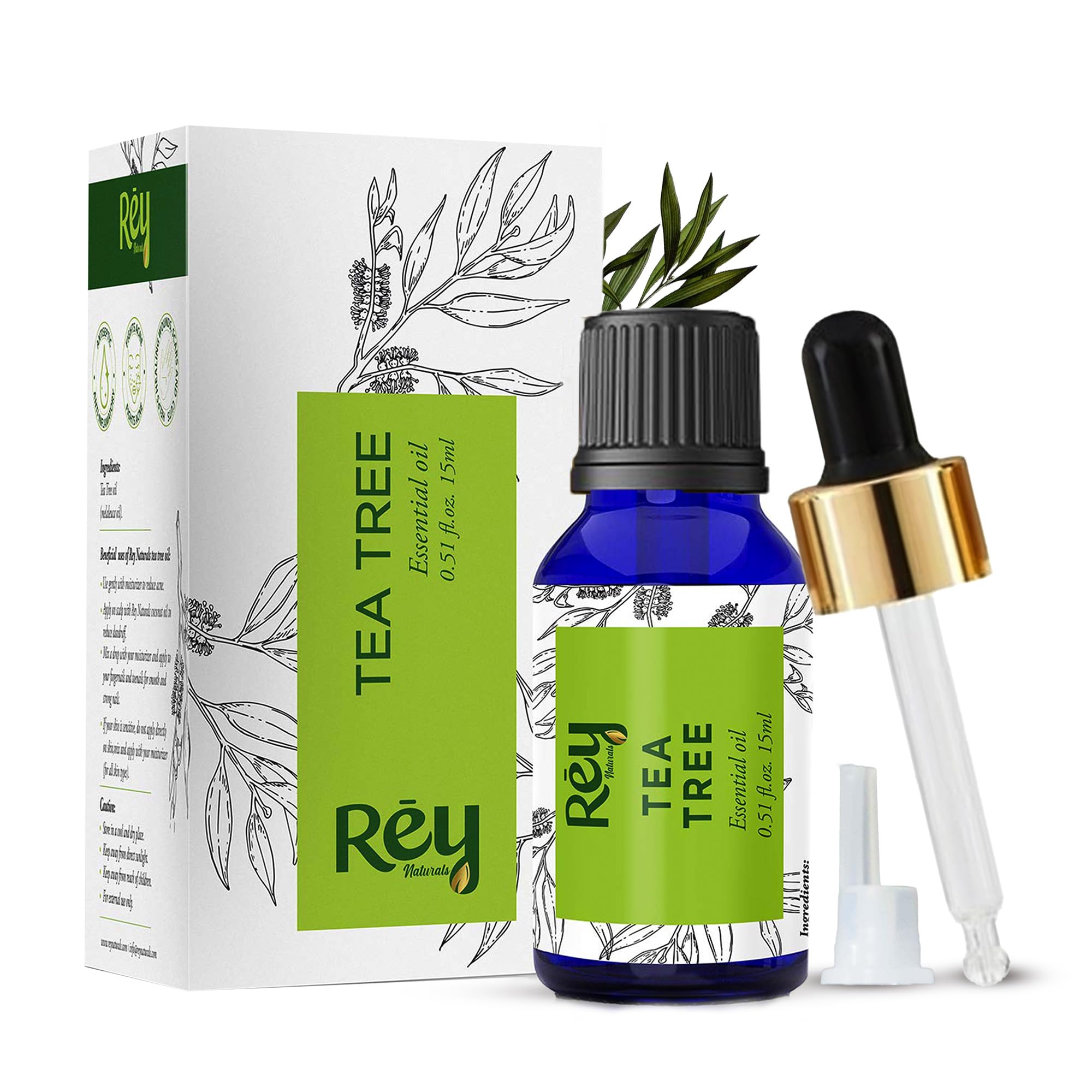 Rey Naturals 100% Pure Tea Tree Essential Oil for Hair, Face & Skin Care - 15ml | Natural Remedy for Acne, Dandruff & Skin Irritation | Suitable for All Skin & Hair Types | Perfect for Aromatherapy, DIY Beauty & First Aid