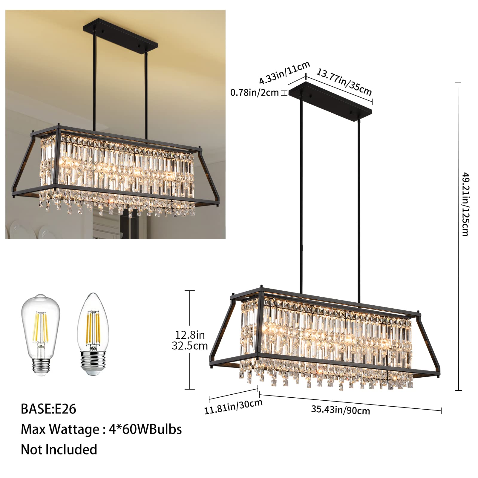 LMQNINE 4-Light Industrial Farmhouse Chandelier - 35.43 Inch Black Trapezoidal Crystal Pendant Light Fixture for Dining Room, Kitchen Island & Living Room | Rustic Elegance for Home Decor & Dinner Parties
