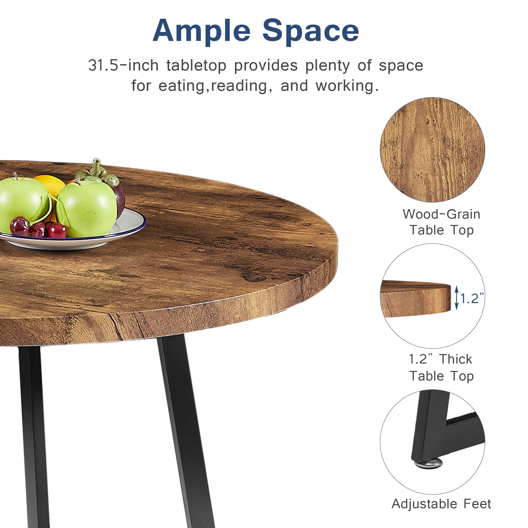 VECELO 3-Piece Round Kitchen Table Set with 2 Upholstered Chairs - Solid Wood Dining Table with Steel Frame for Breakfast Nook, Small Space & Apartment - Antique Brown Finish - Perfect for Family Meals, Coffee Time & Compact Dining Areas