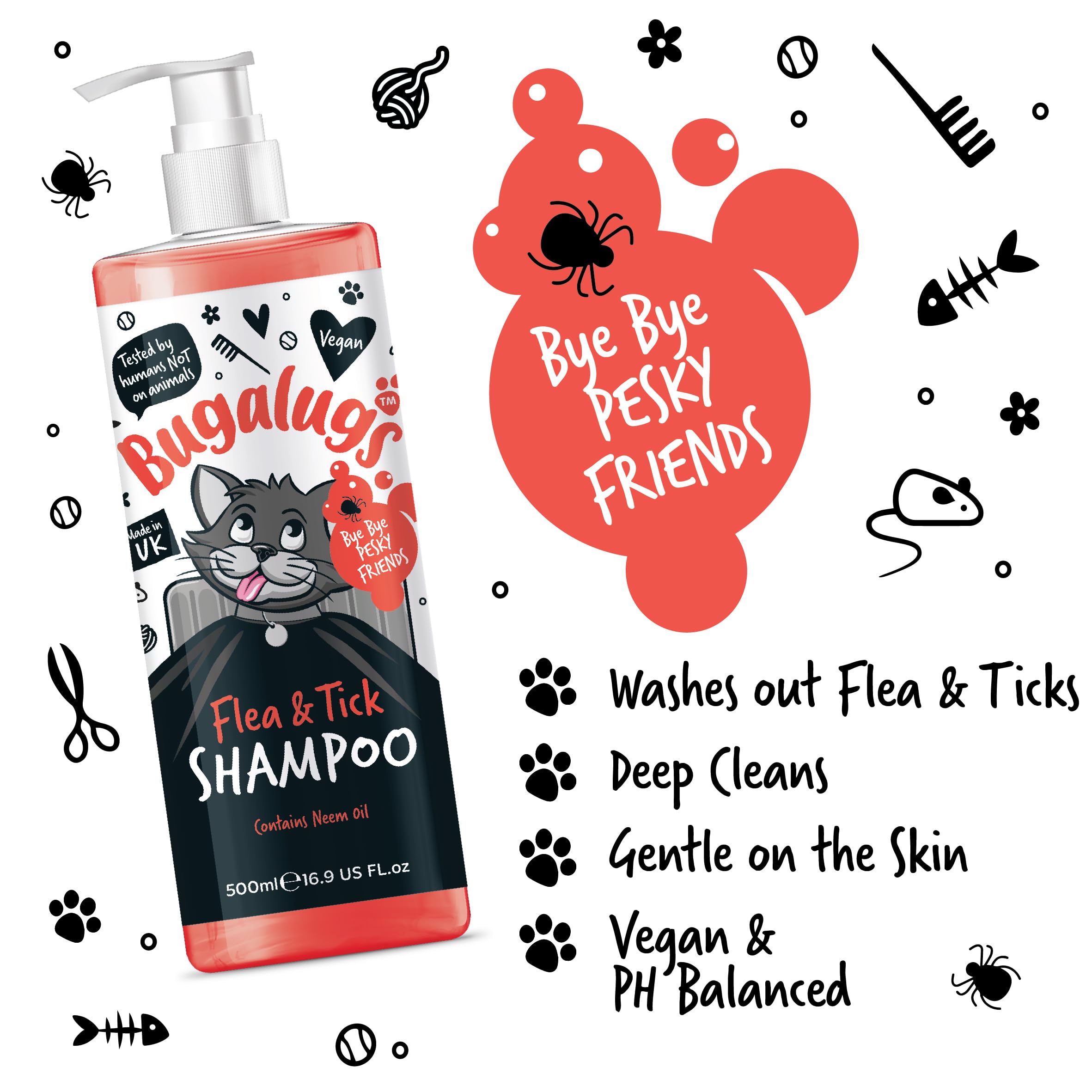 Bugalugs Flea & Tick Shampoo for Cats - 500ml Natural Neem Oil Formula | Deep Cleansing Cat Shampoo Kills Fleas, Ticks & Mites | pH Balanced Vegan Pet Care | Perfect for Bathing & Grooming Anxious Cats