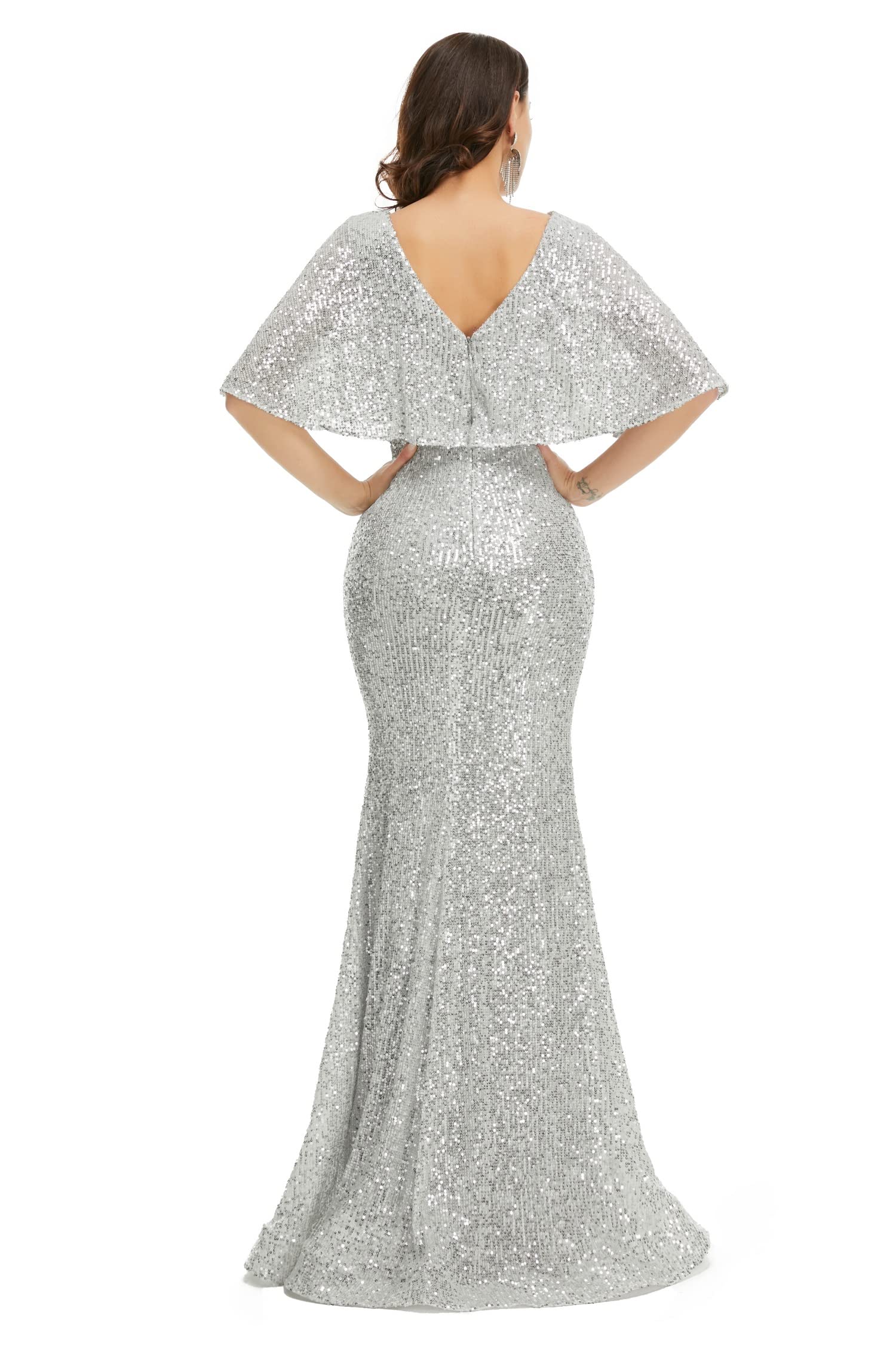 Engerla Women's Short Sleeve Sequin Mermaid V-Neck Evening Dress for Party, Prom, Formal Occasions, Wedding Bride & Bridesmaid - Perfect for Cocktail Events, Gala Nights, and Special Celebrations