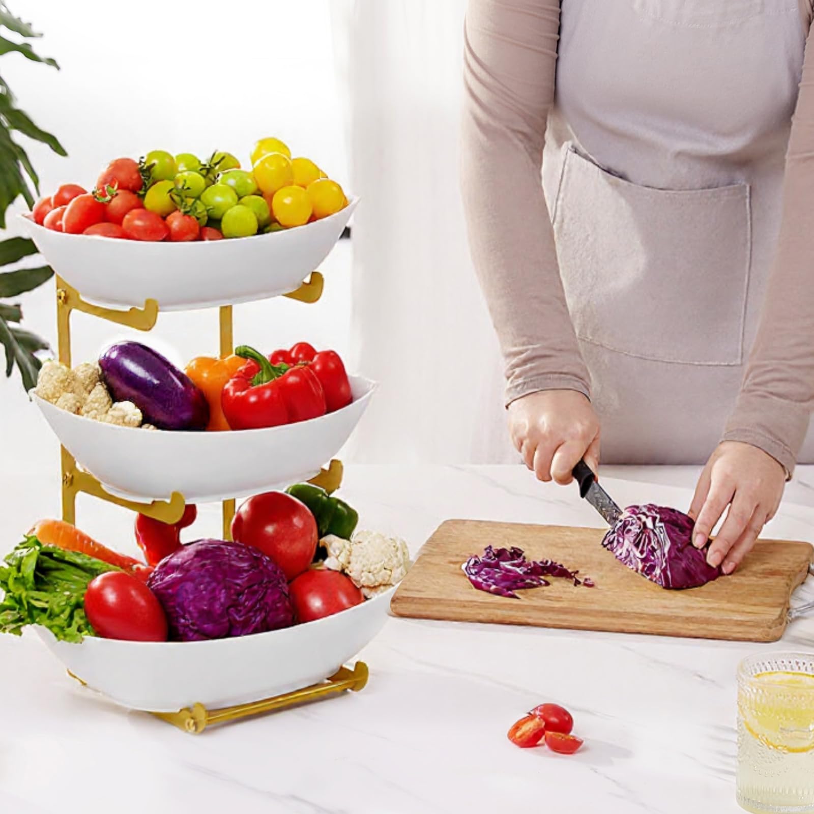 3-Tier Plastic Fruit Bowl Basket with Gold Metal Stand - Kitchen Countertop Organizer for Fruits, Vegetables, Cakes & Desserts | Perfect for Party Serving, Dining Room Decor & Gift Giving
